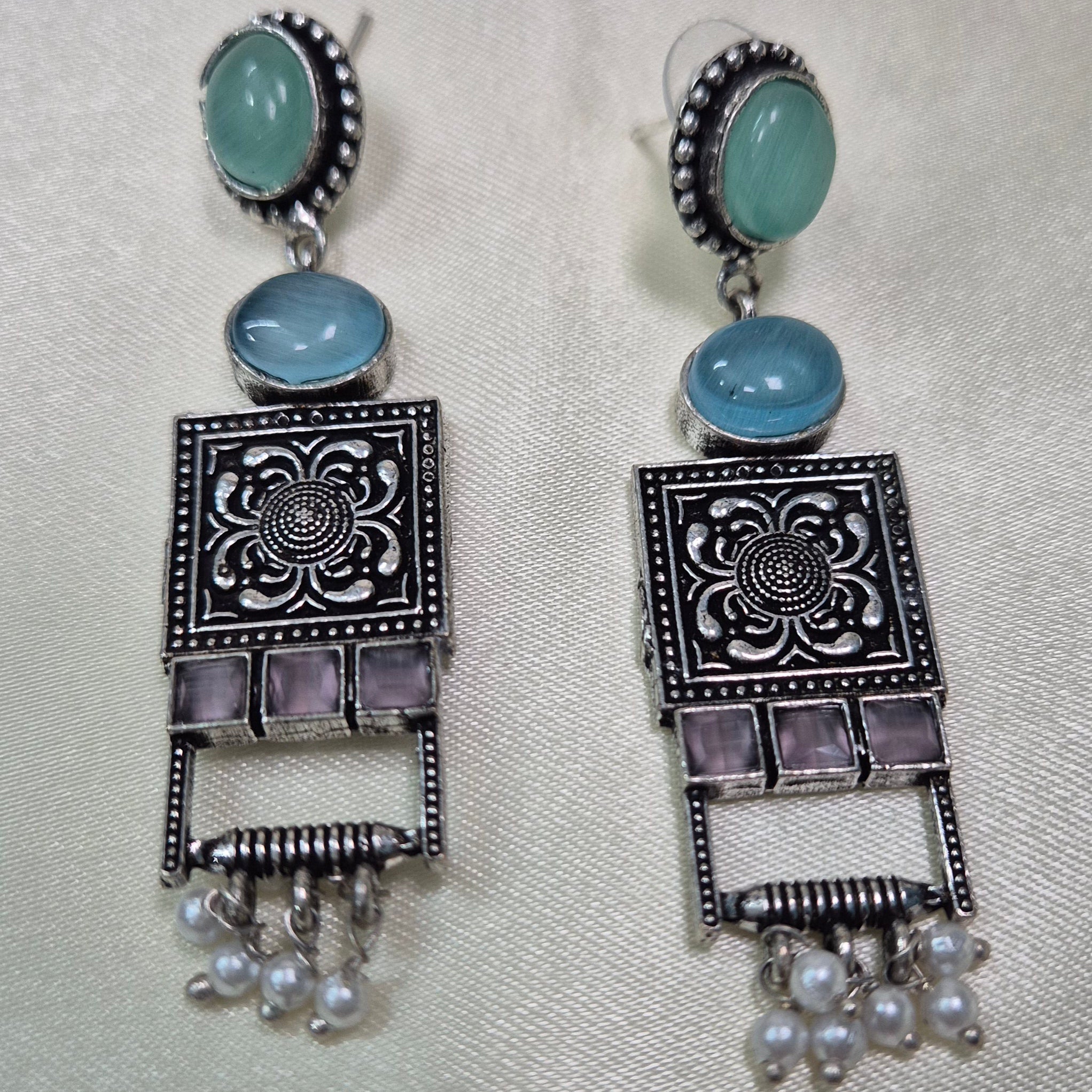 Antique Silver Tribal Long Dangler Earrings with Pastel Stones & Pearl Drops