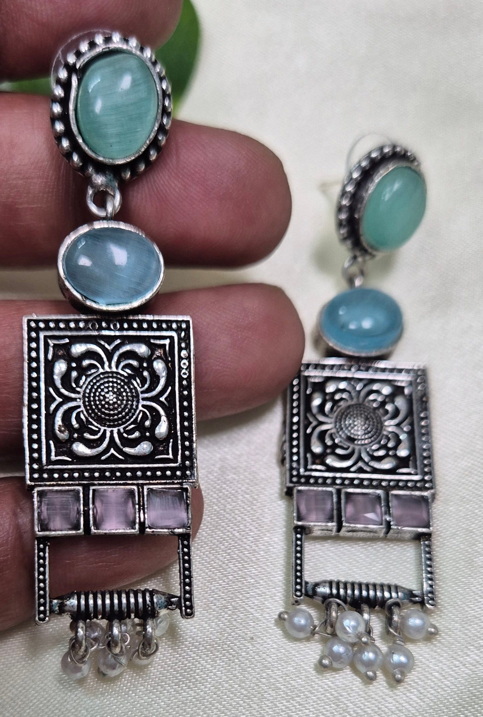 Antique Silver Tribal Long Dangler Earrings with Pastel Stones & Pearl Drops