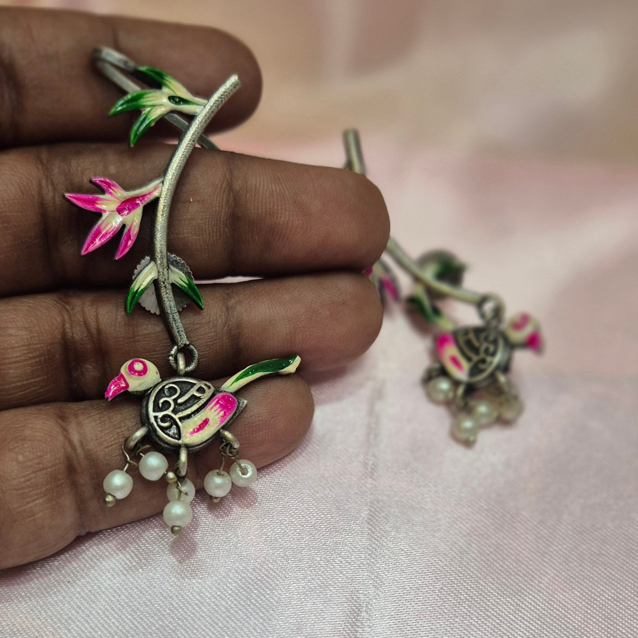 Handcrafted Bird & Floral Vine  Earrings with cuffs in Enamel Work and  Pearl Danglers
