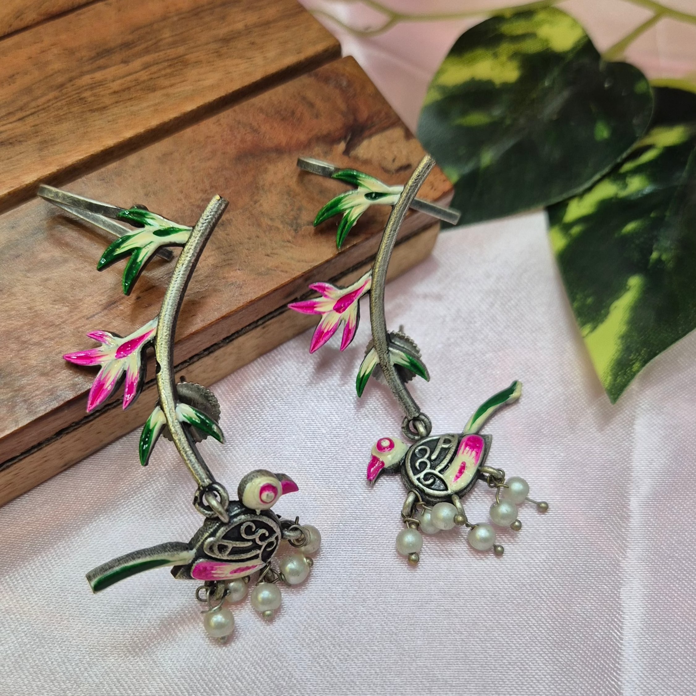 Handcrafted Bird & Floral Vine  Earrings with cuffs in Enamel Work and  Pearl Danglers