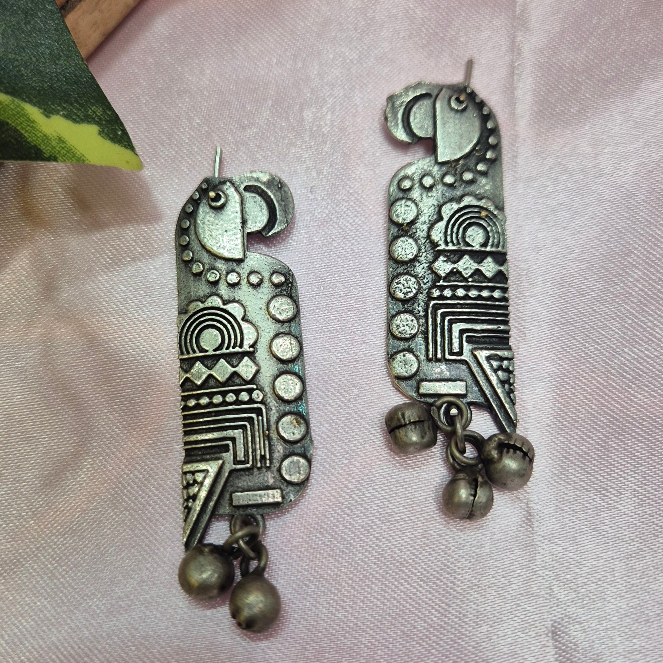 Oxidized Silver Tribal Parrot  Earrings with Ghungroo Beads –  Boho Ethnic Jewelry