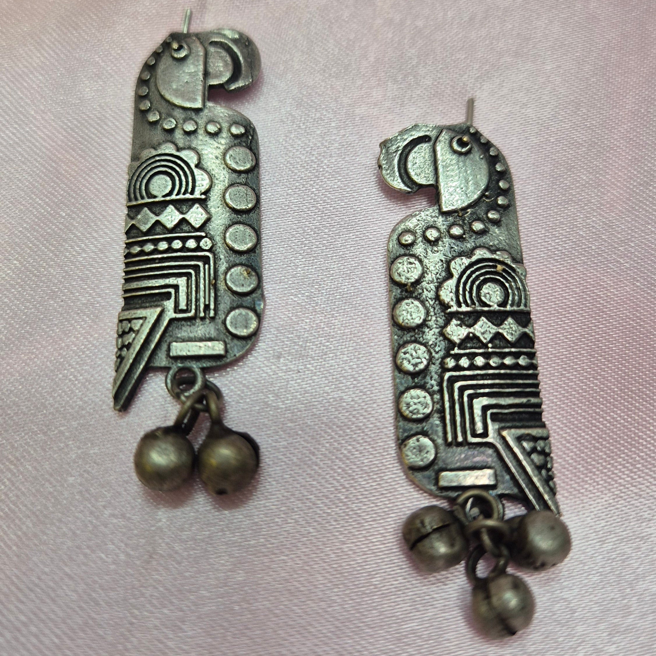 Oxidized Silver Tribal Parrot  Earrings with Ghungroo Beads –  Boho Ethnic Jewelry