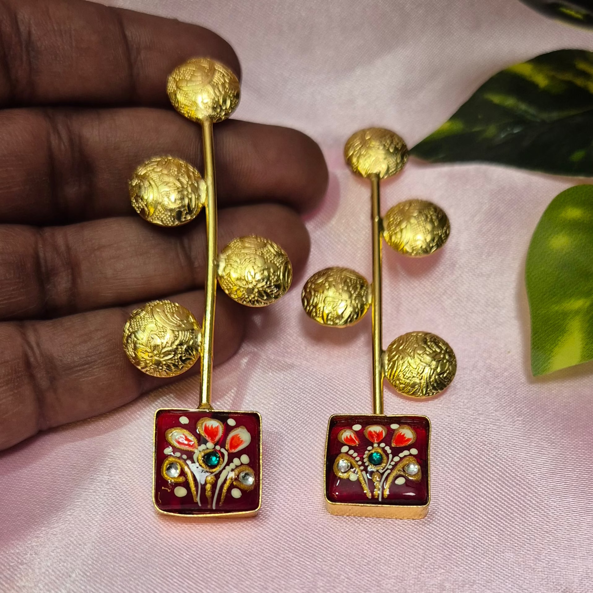 Party wear anti tarnish dangler with red meenakari work