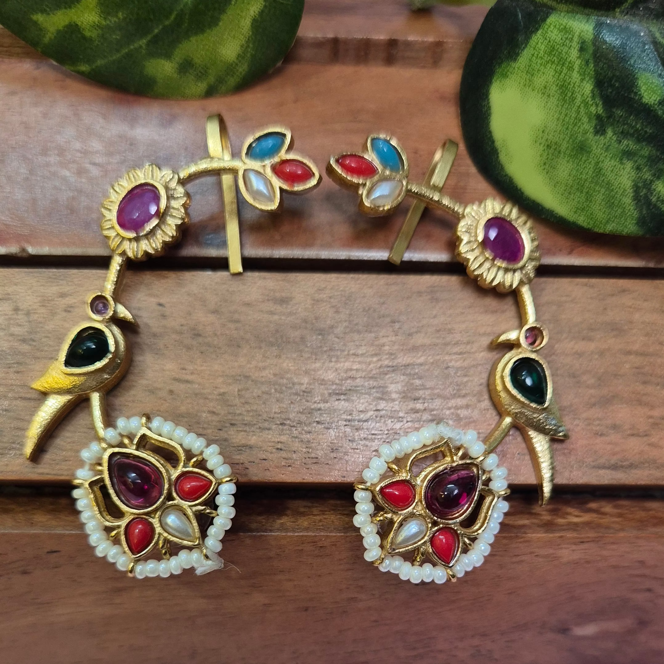 Gold-Plated Multicolor Peacock & Floral Ear cuffs