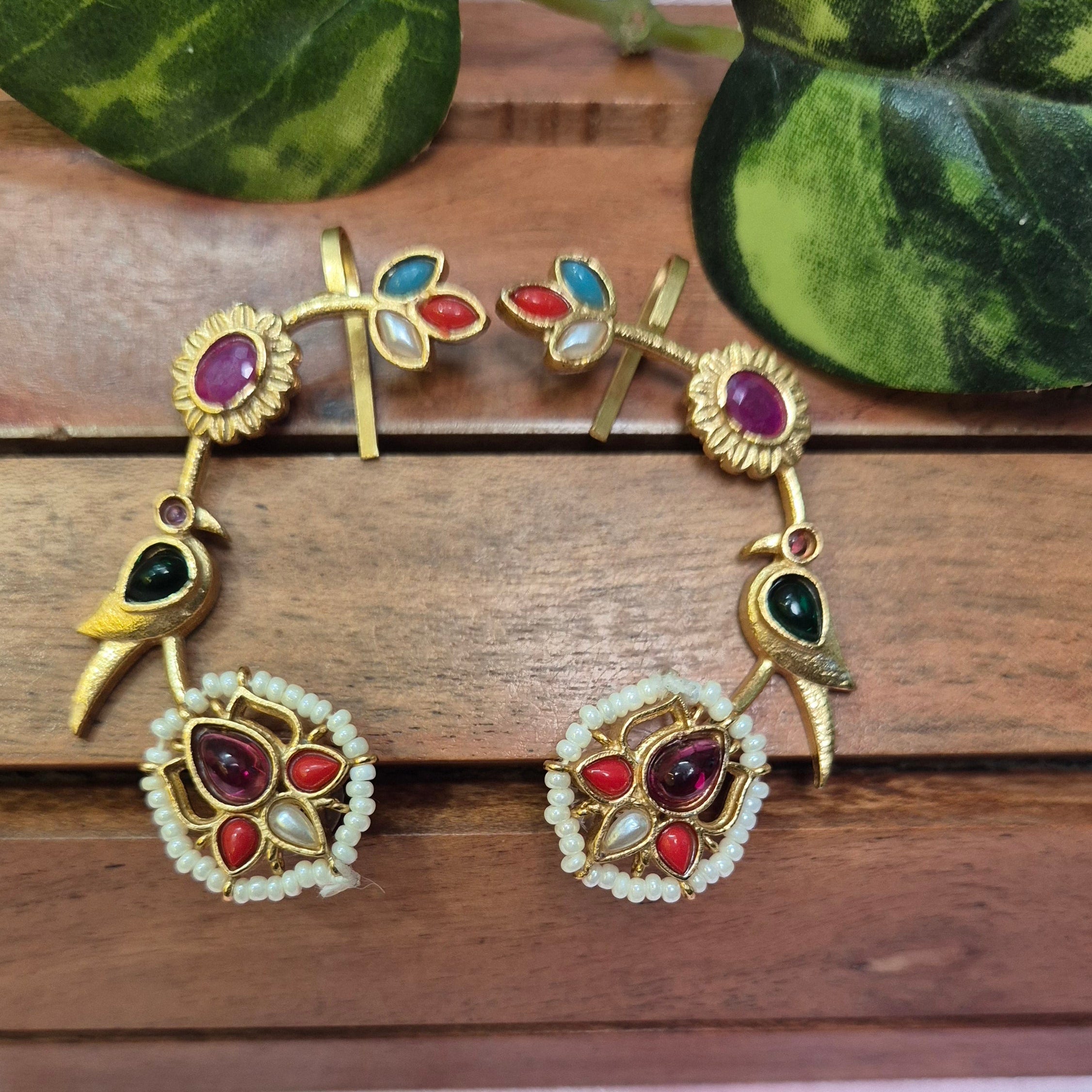 Gold-Plated Multicolor Peacock & Floral Ear cuffs