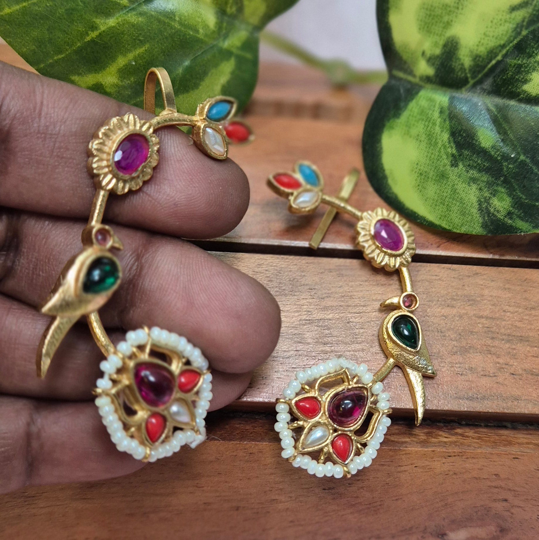 Gold-Plated Multicolor Peacock & Floral Ear cuffs