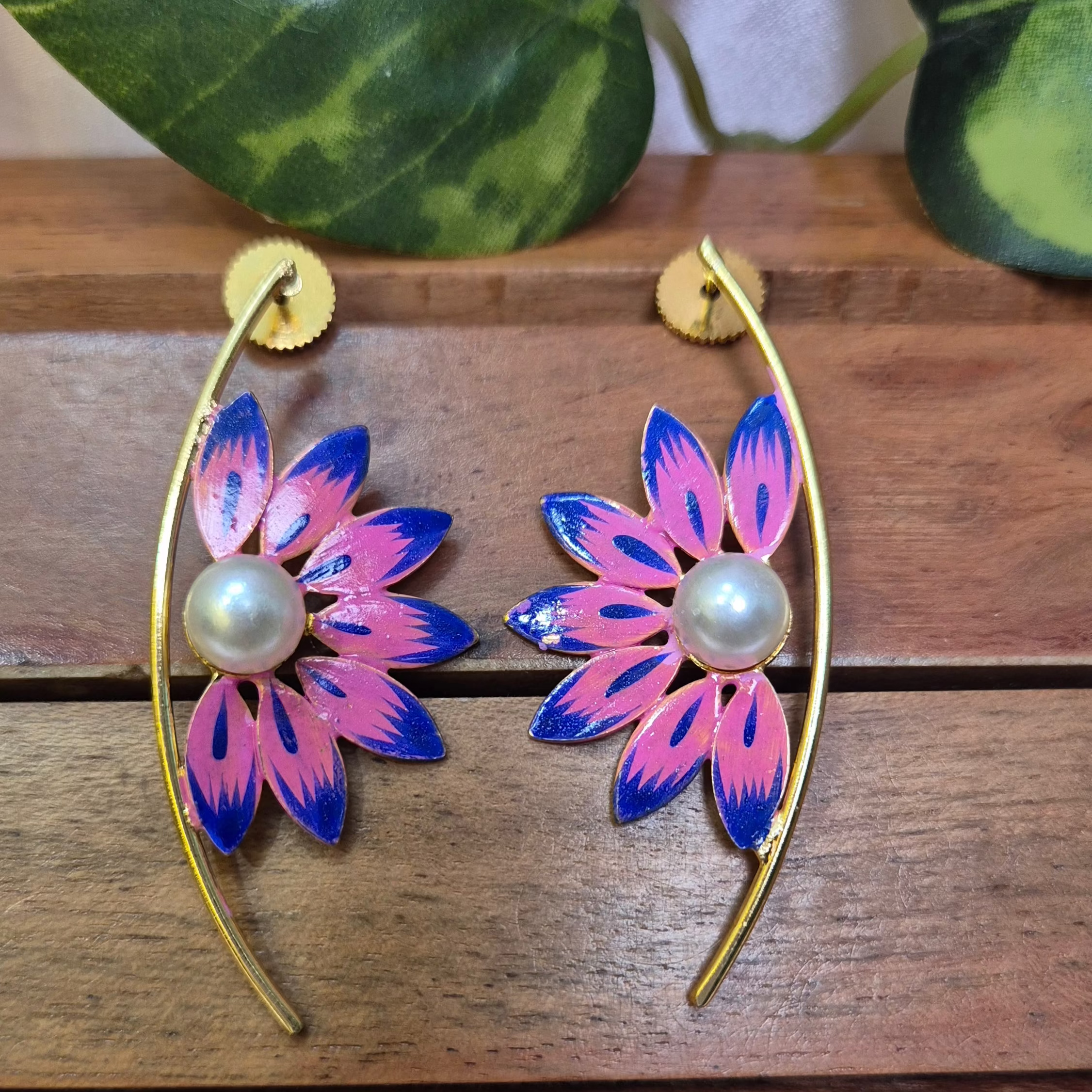 Meenakari Floral Enamel Earrings with Pearl  Center – Pink & Blue Design