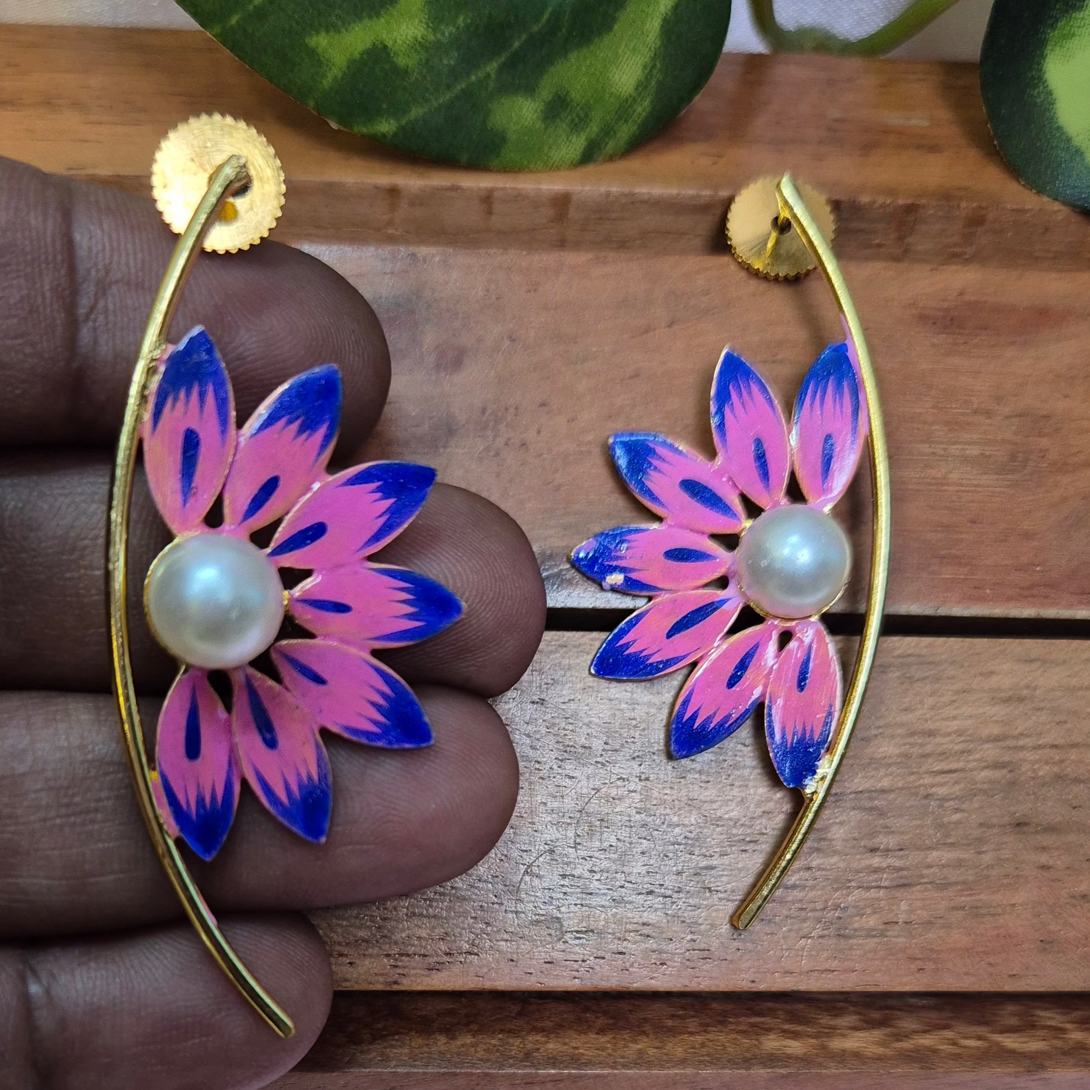 Meenakari Floral Enamel Earrings with Pearl  Center – Pink & Blue Design