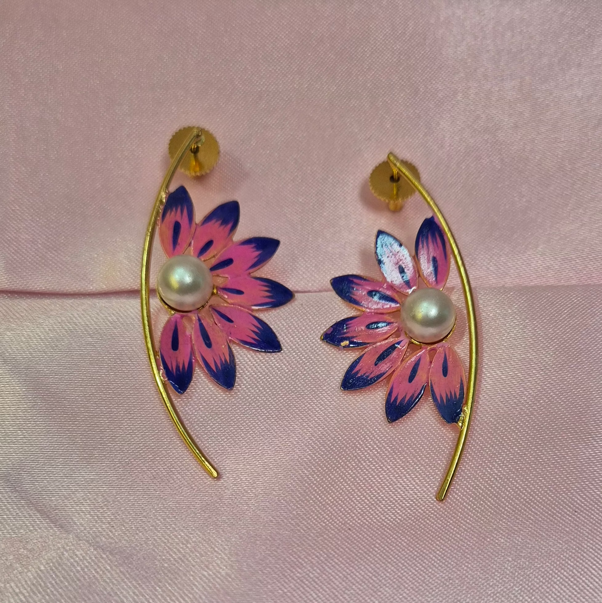 Meenakari Floral Enamel Earrings with Pearl  Center – Pink & Blue Design
