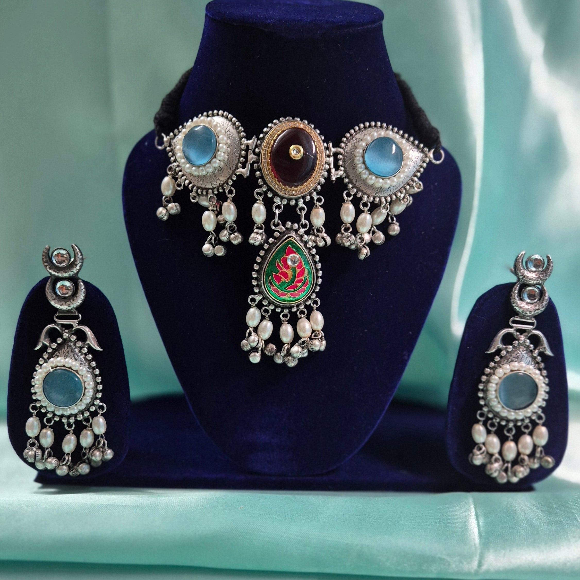 Handcrafted Oxidised Silver Choker Necklace Set with Blue Stones & Pearl Drops  Antique Oxidised Choker Set with Enamel Pendant, Maroon Centerpiece & Matching Earrings