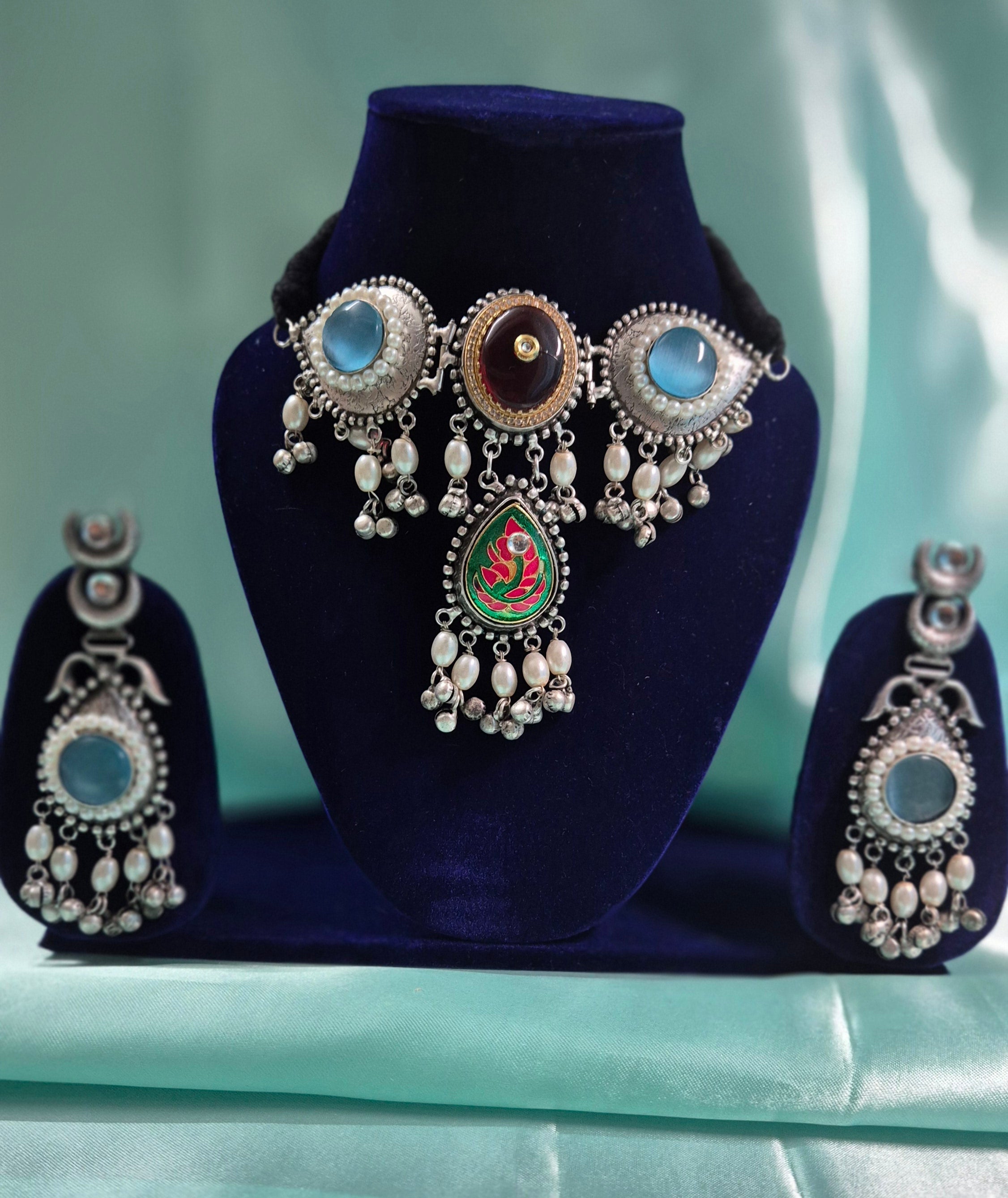 Handcrafted Oxidised Silver Choker Necklace Set with Blue Stones & Pearl Drops  Antique Oxidised Choker Set with Enamel Pendant, Maroon Centerpiece & Matching Earrings