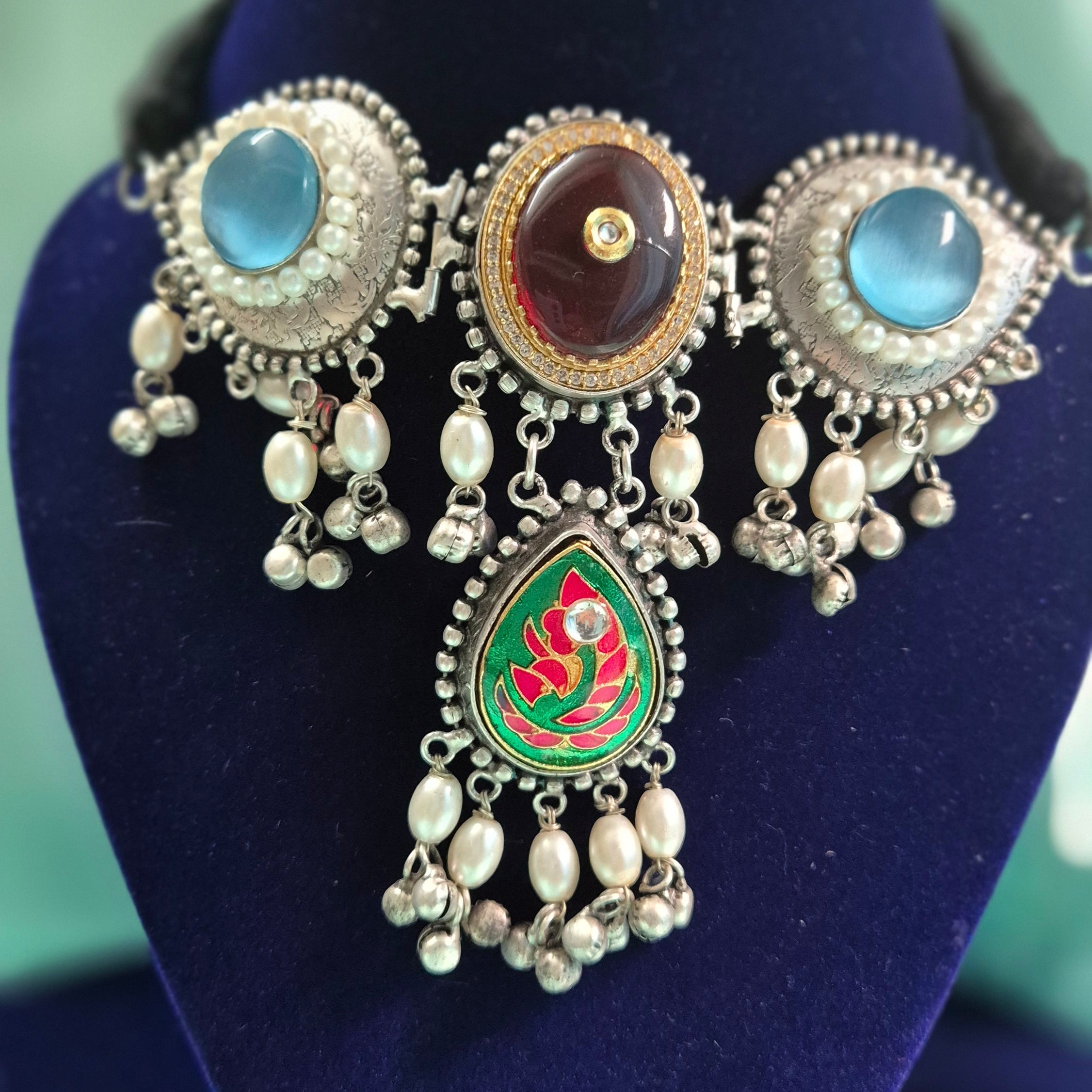 Handcrafted Oxidised Silver Choker Necklace Set with Blue Stones & Pearl Drops  Antique Oxidised Choker Set with Enamel Pendant, Maroon Centerpiece & Matching Earrings
