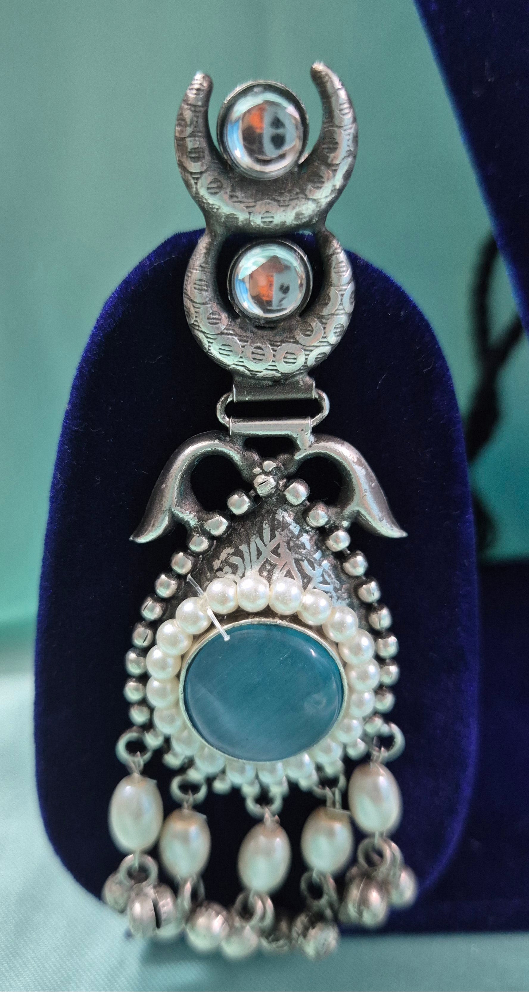 Handcrafted Oxidised Silver Choker Necklace Set with Blue Stones & Pearl Drops  Antique Oxidised Choker Set with Enamel Pendant, Maroon Centerpiece & Matching Earrings