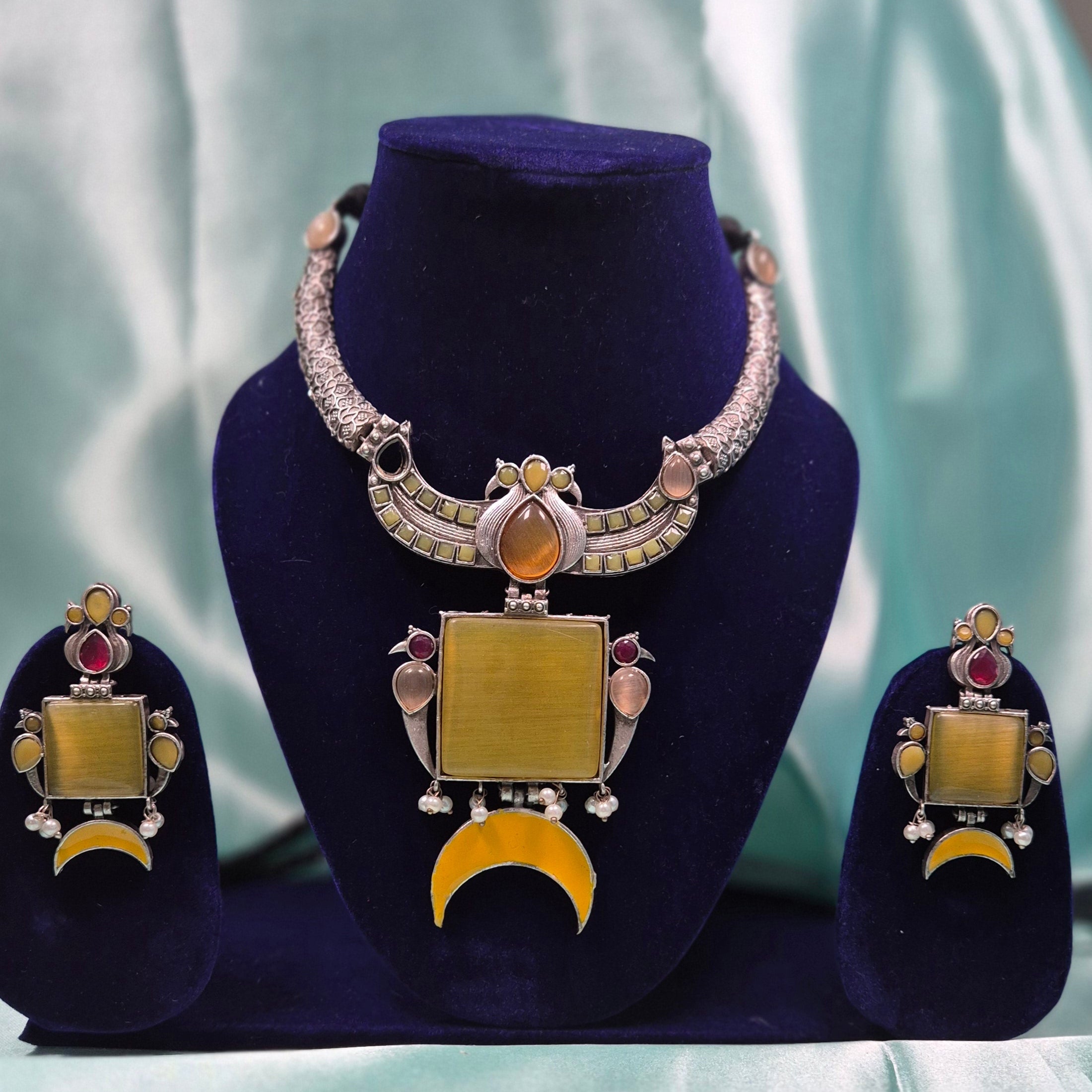 Handcrafted Yellow Stone Crescent Necklace Set – Boho Oxidised Silver Statement Jewelry for Women