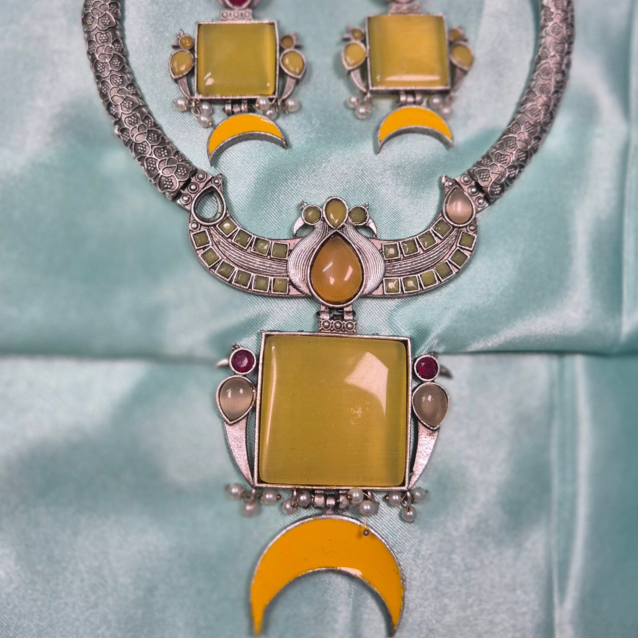 Handcrafted Yellow Stone Crescent Necklace Set – Boho Oxidised Silver Statement Jewelry for Women