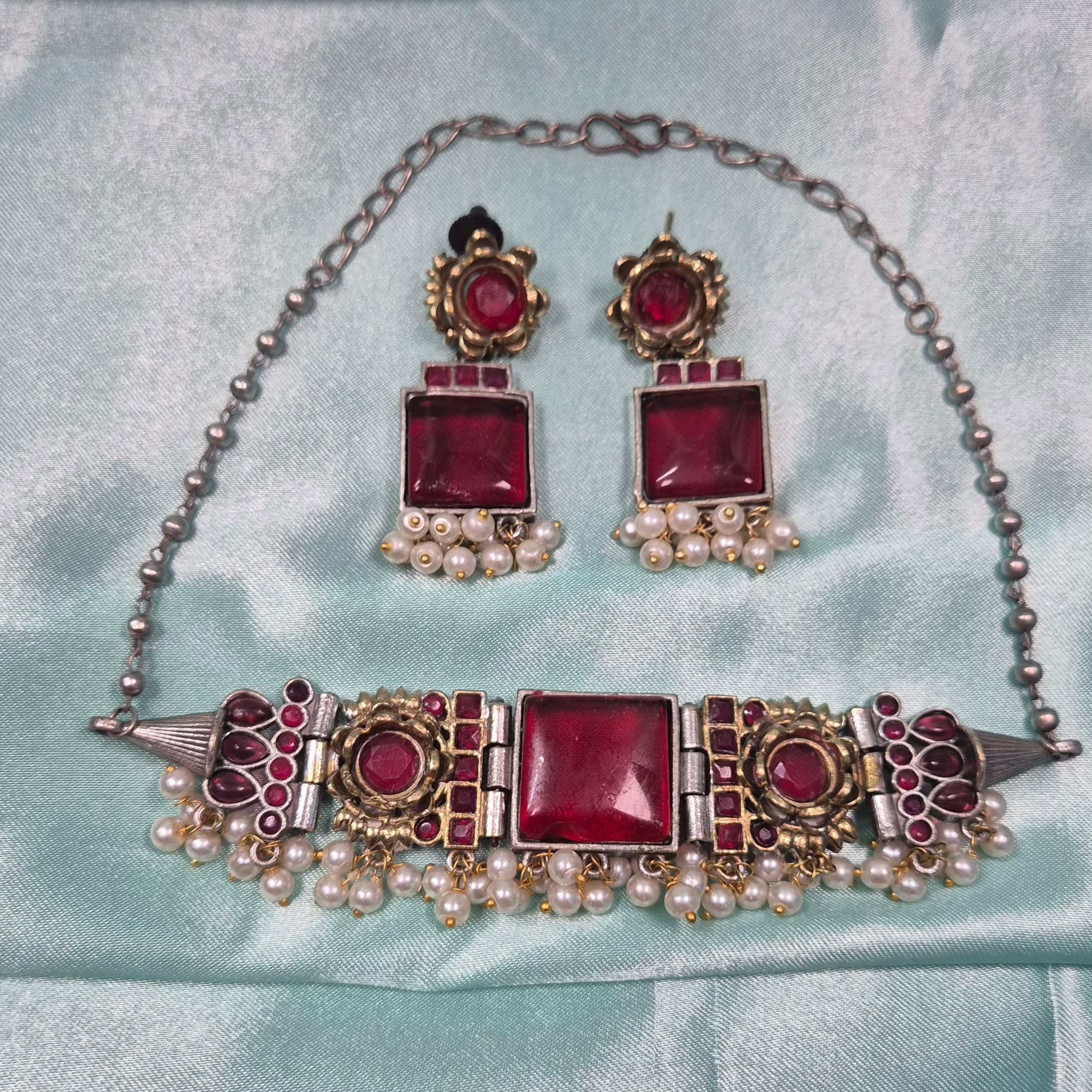 Handcrafted Ruby Red Stone Choker Necklace Set with Pearls – Traditional Oxidised Silver Jewelry for Women