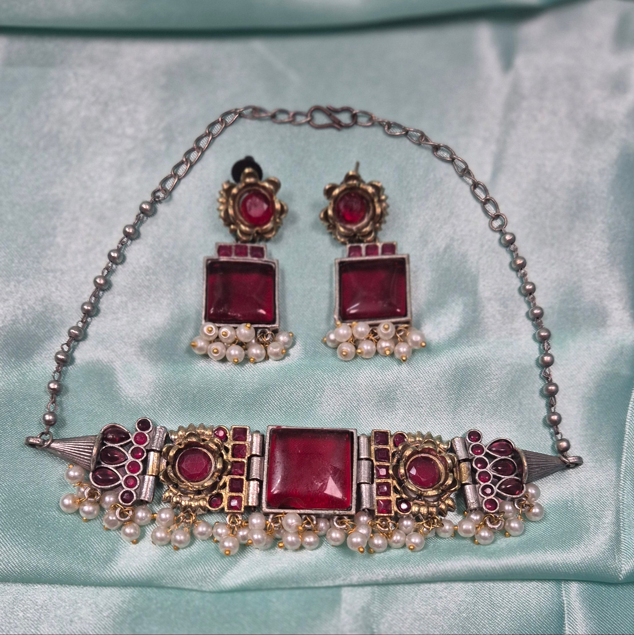 Handcrafted Ruby Red Stone Choker Necklace Set with Pearls – Traditional Oxidised Silver Jewelry for Women