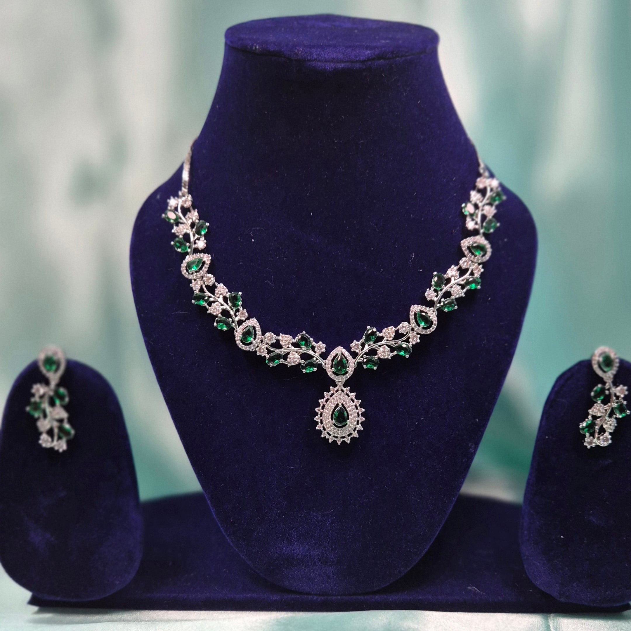Elegant Emerald Stone Necklace Set with Earrings – Premium CZ Diamond Finish Bridal & Party Wear Jewelry