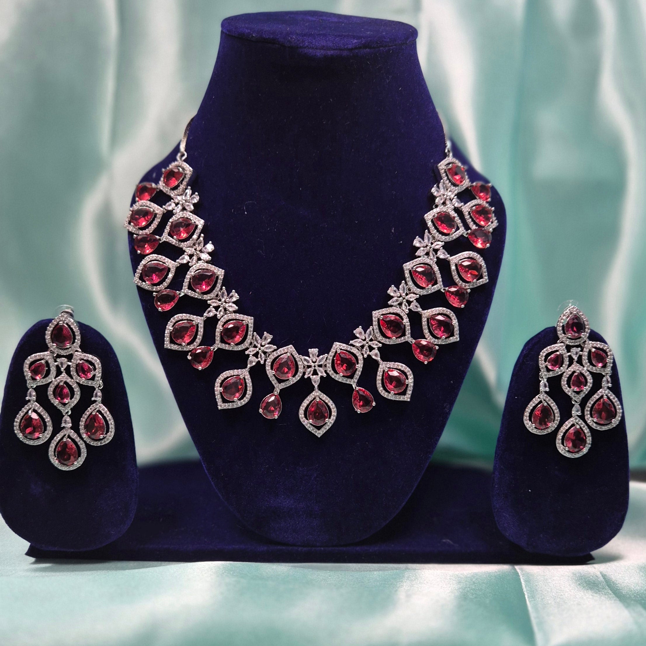 Premium Ruby Red AD Diamond Necklace Set with Long Earrings – Bridal & Party Wear Jewelry for Women