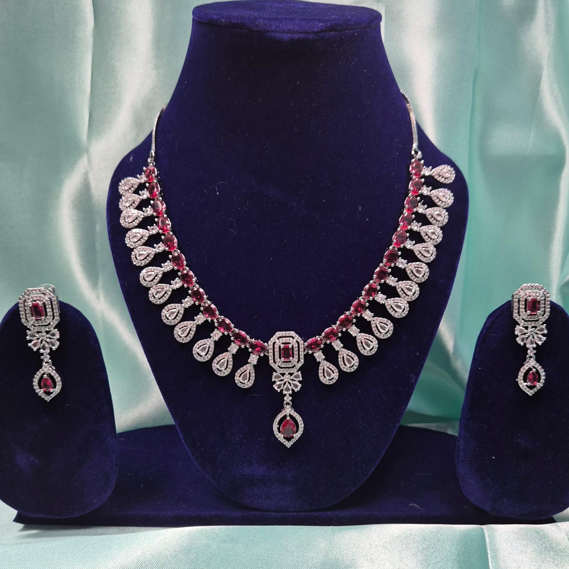 Elegant White AD Diamond Necklace Set with Drop Earrings – Bridal & Party Wear Silver Finish Jewelry