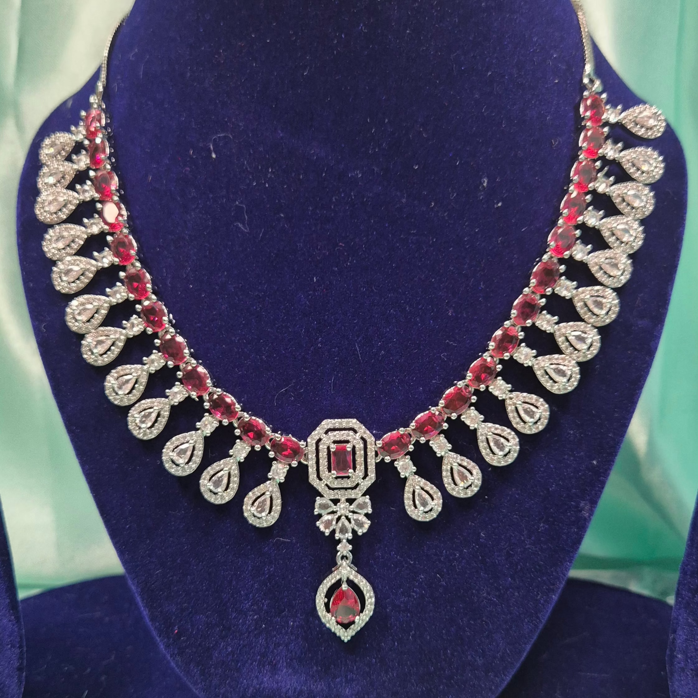 Elegant White AD Diamond Necklace Set with Drop Earrings – Bridal & Party Wear Silver Finish Jewelry