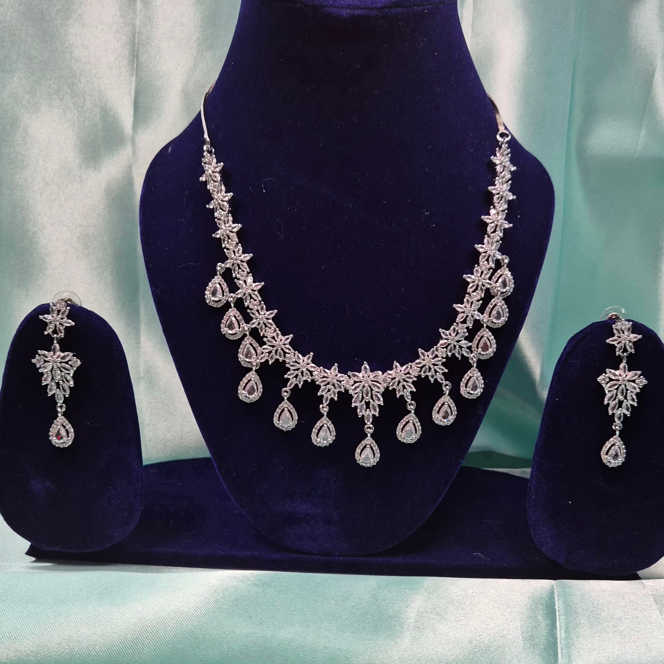 White AD  Diamond Bridal Necklace Set with Drop Earrings – Premium Silver Finish Jewelry