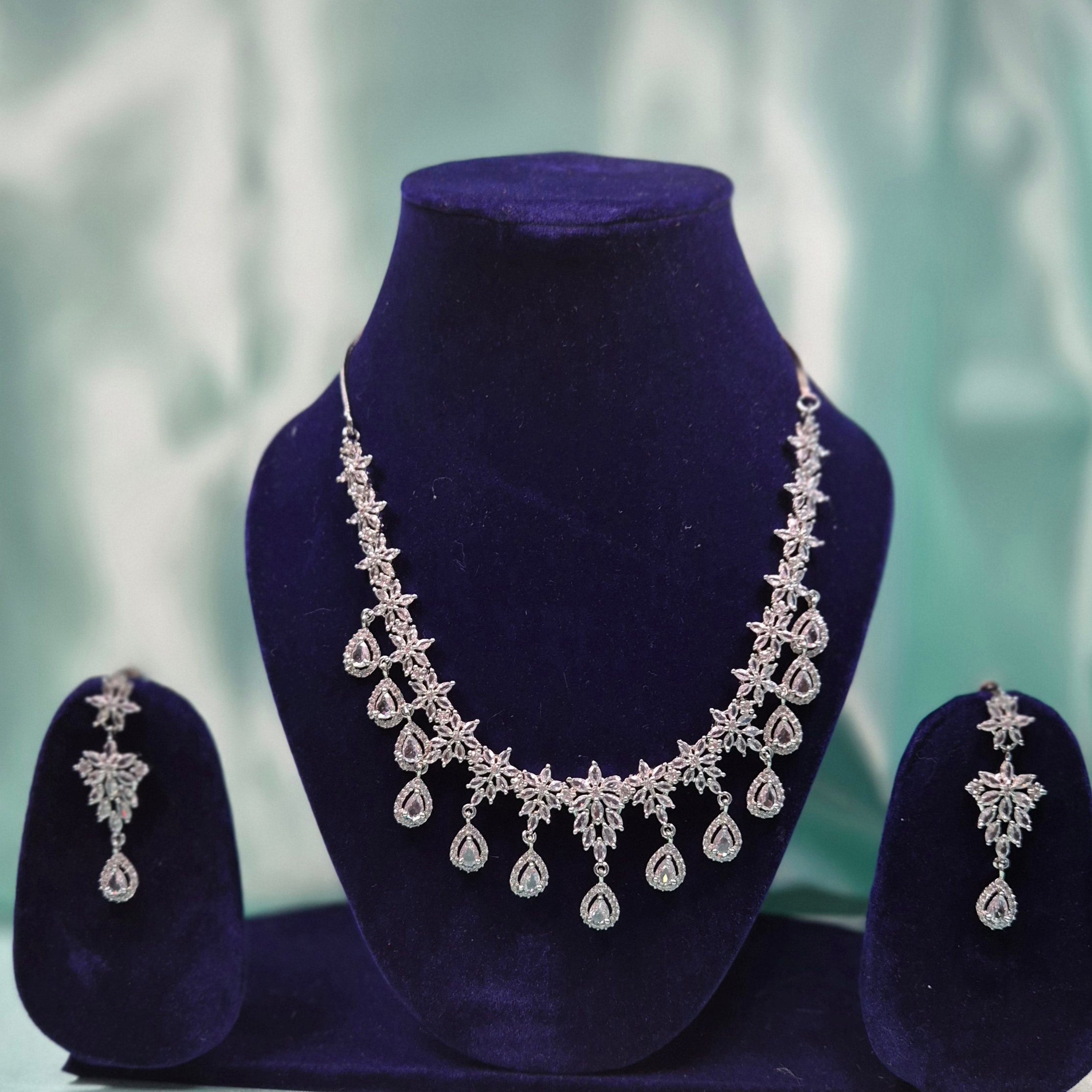 White AD  Diamond Bridal Necklace Set with Drop Earrings – Premium Silver Finish Jewelry