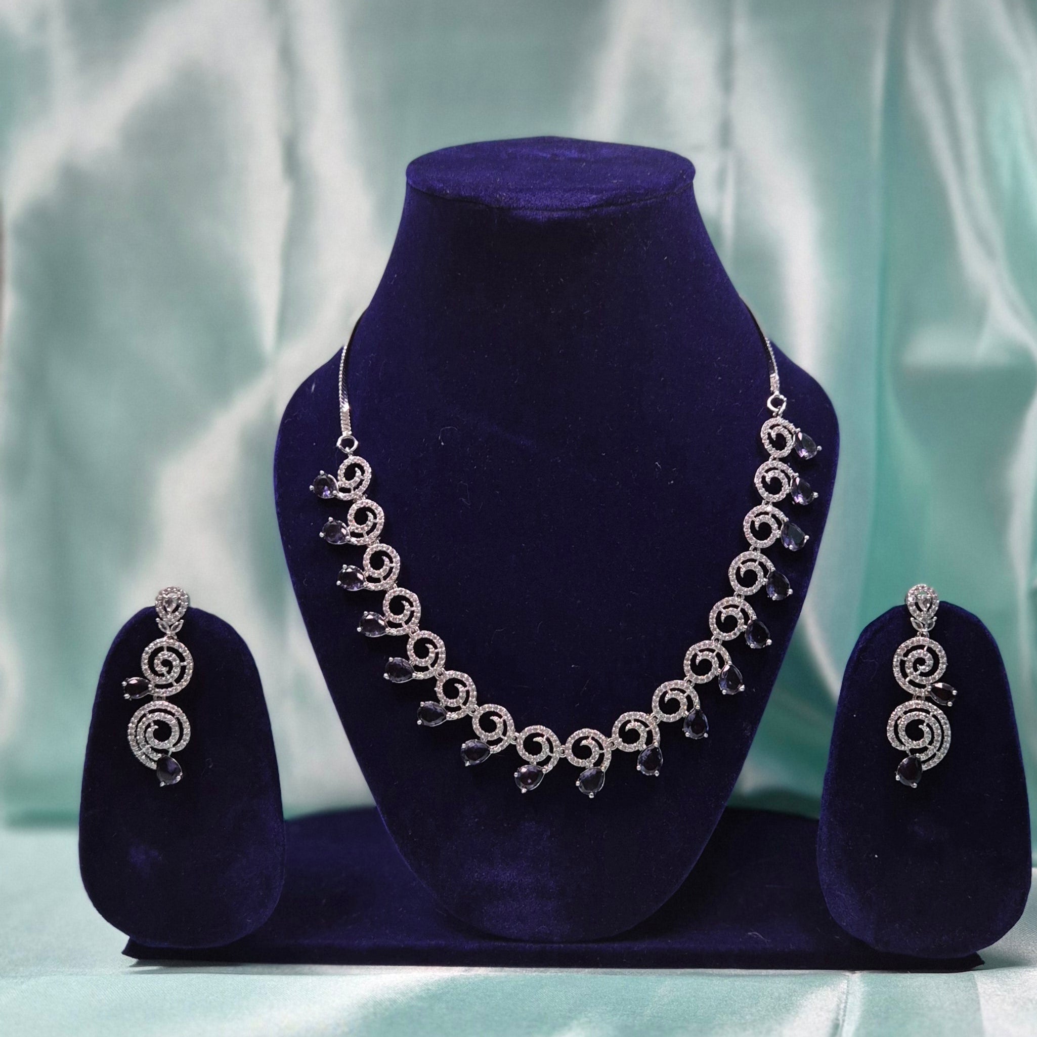 Deep purple Stone CZ Spiral Necklace Set with Matching Earrings – Elegant Silver Finish Party Wear Jewelry
