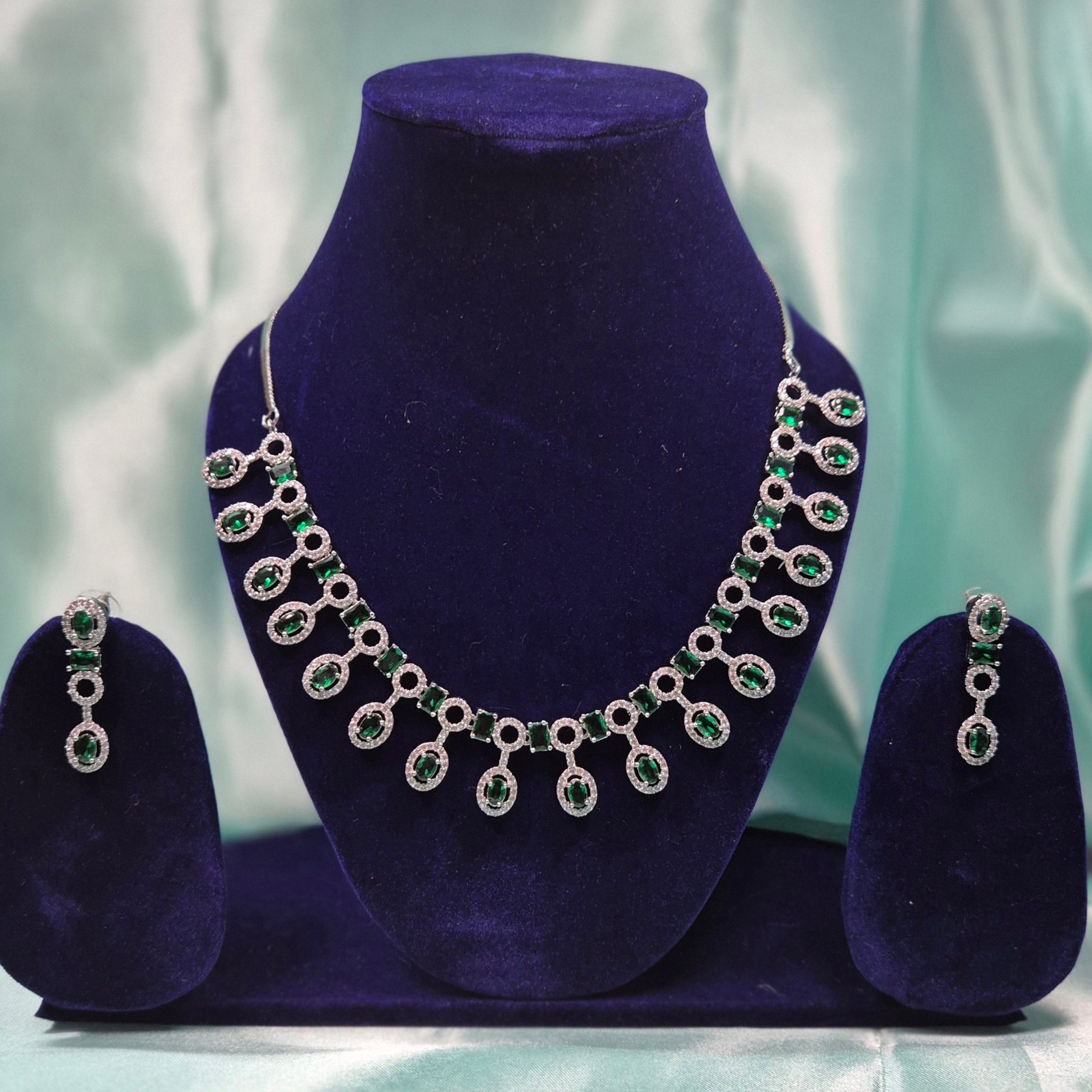 Premium Emerald Green AD  Necklace Set with Earrings – Silver Finish Bridal & Party Wear Jewelry