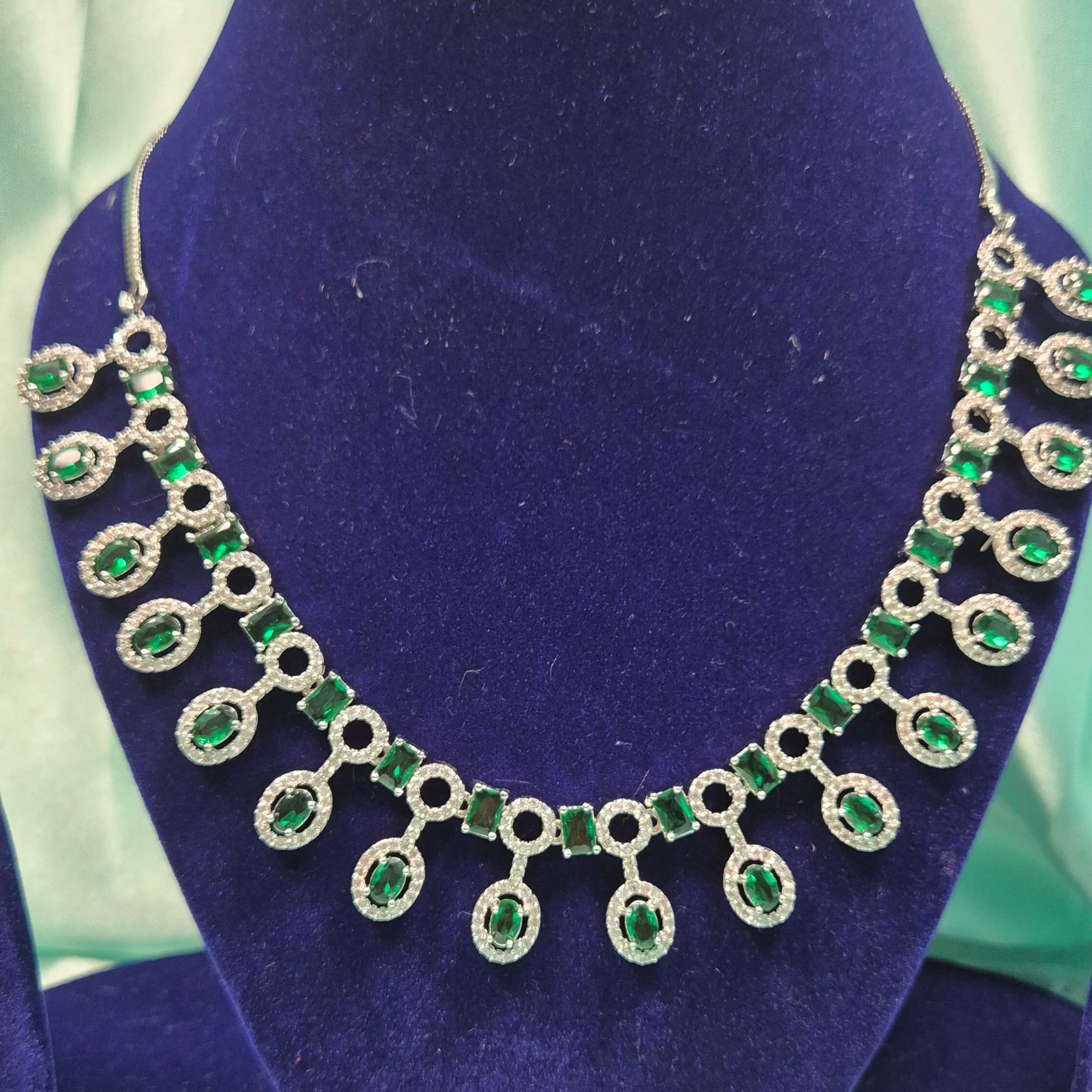 Premium Emerald Green AD  Necklace Set with Earrings – Silver Finish Bridal & Party Wear Jewelry