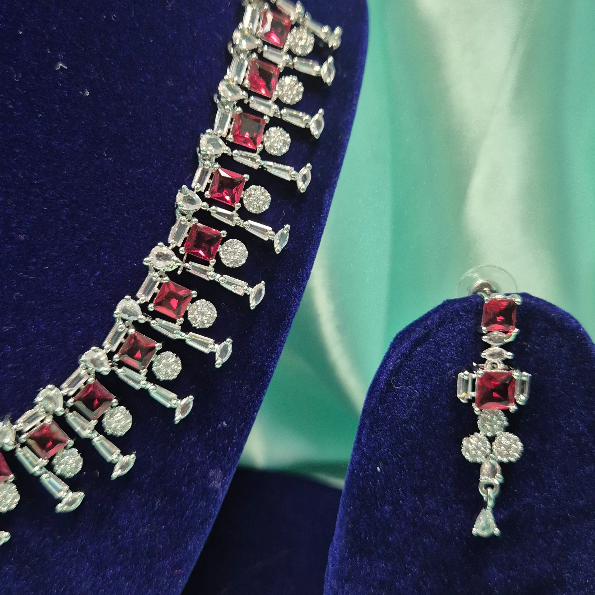 Ruby Red AD Diamond Necklace Set with Earrings – Premium Silver Finish Bridal & Party Wear Jewelry