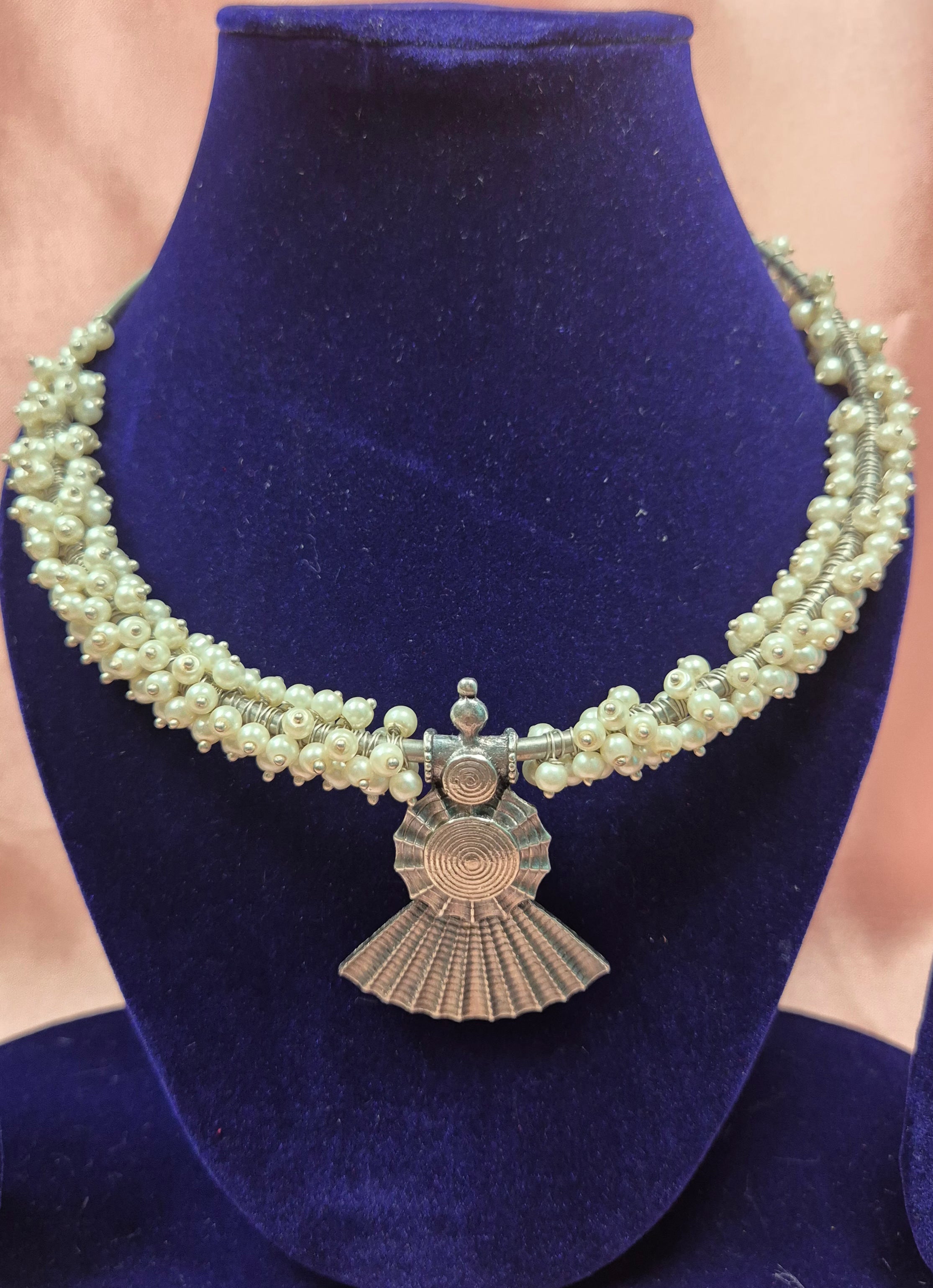 Oxidised Silver Pearl Hasli  Necklace Set with Earrings – Tribal Boho Statement Jewelry for Women