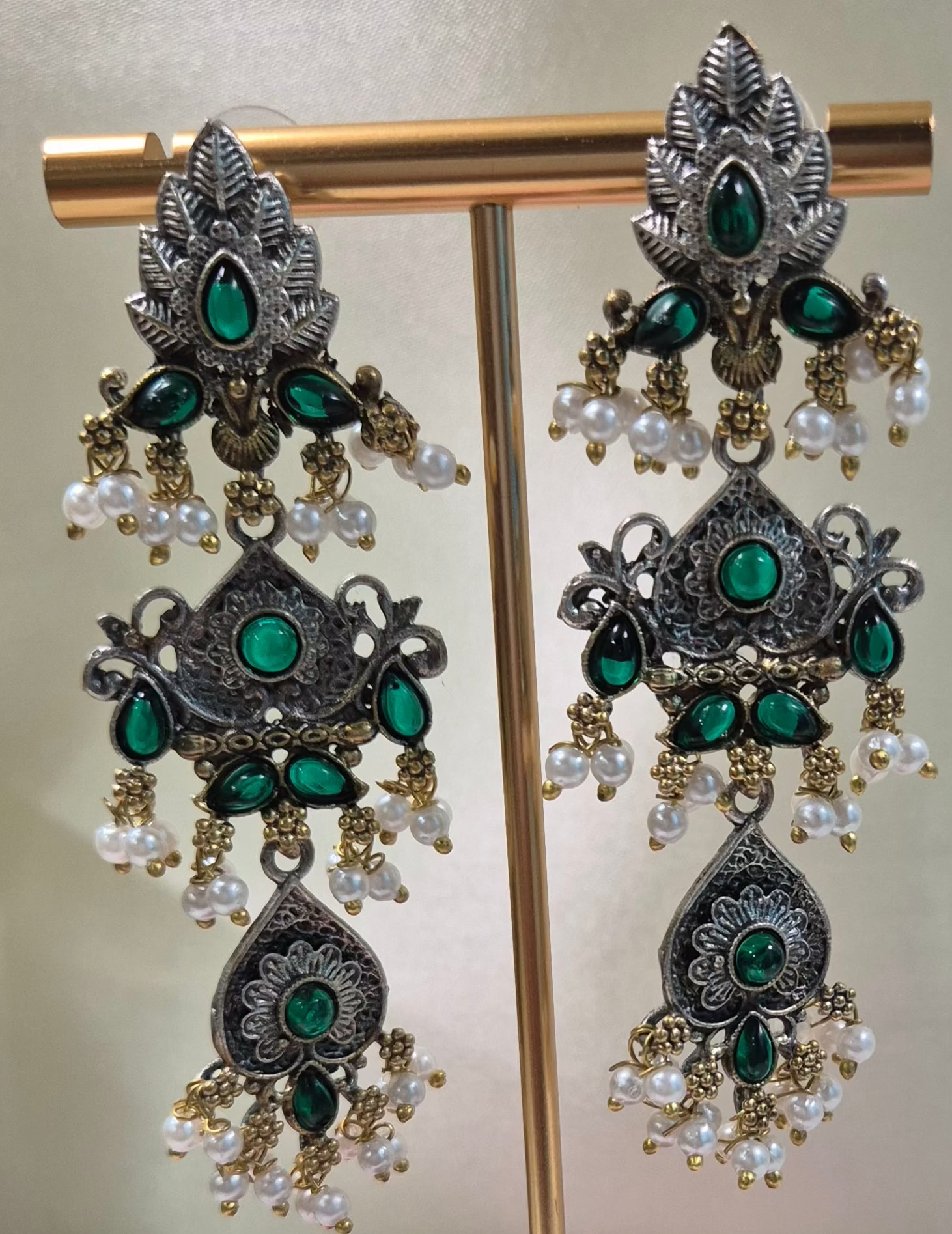 Oxidised danglers in green stones and pearl droppings