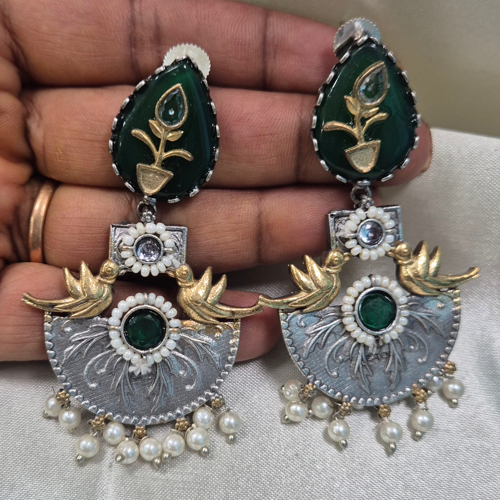 Dual tone chandbali danglers with green meenakari work
