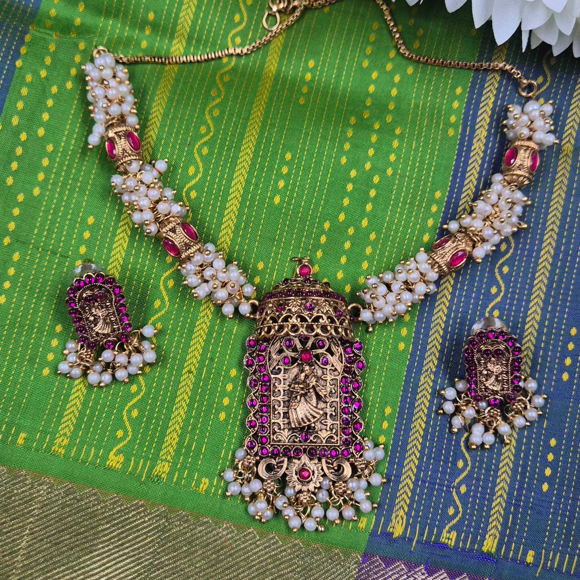 Antique Gold-Tone Temple Jewellery Set with Pearl Beads & Ruby Stone Pendant | Traditional South Indian Necklace and Earrings