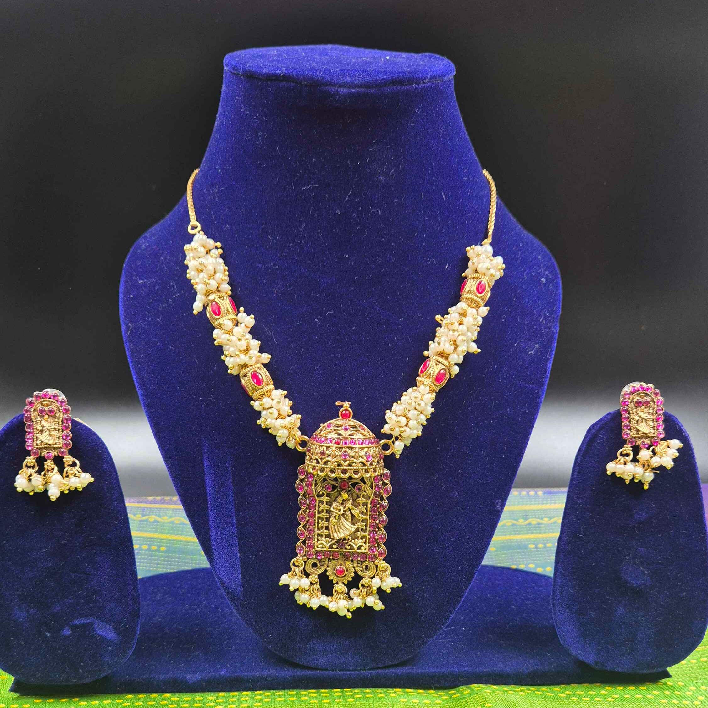 Antique Gold-Tone Temple Jewellery Set with Pearl Beads & Ruby Stone Pendant | Traditional South Indian Necklace and Earrings