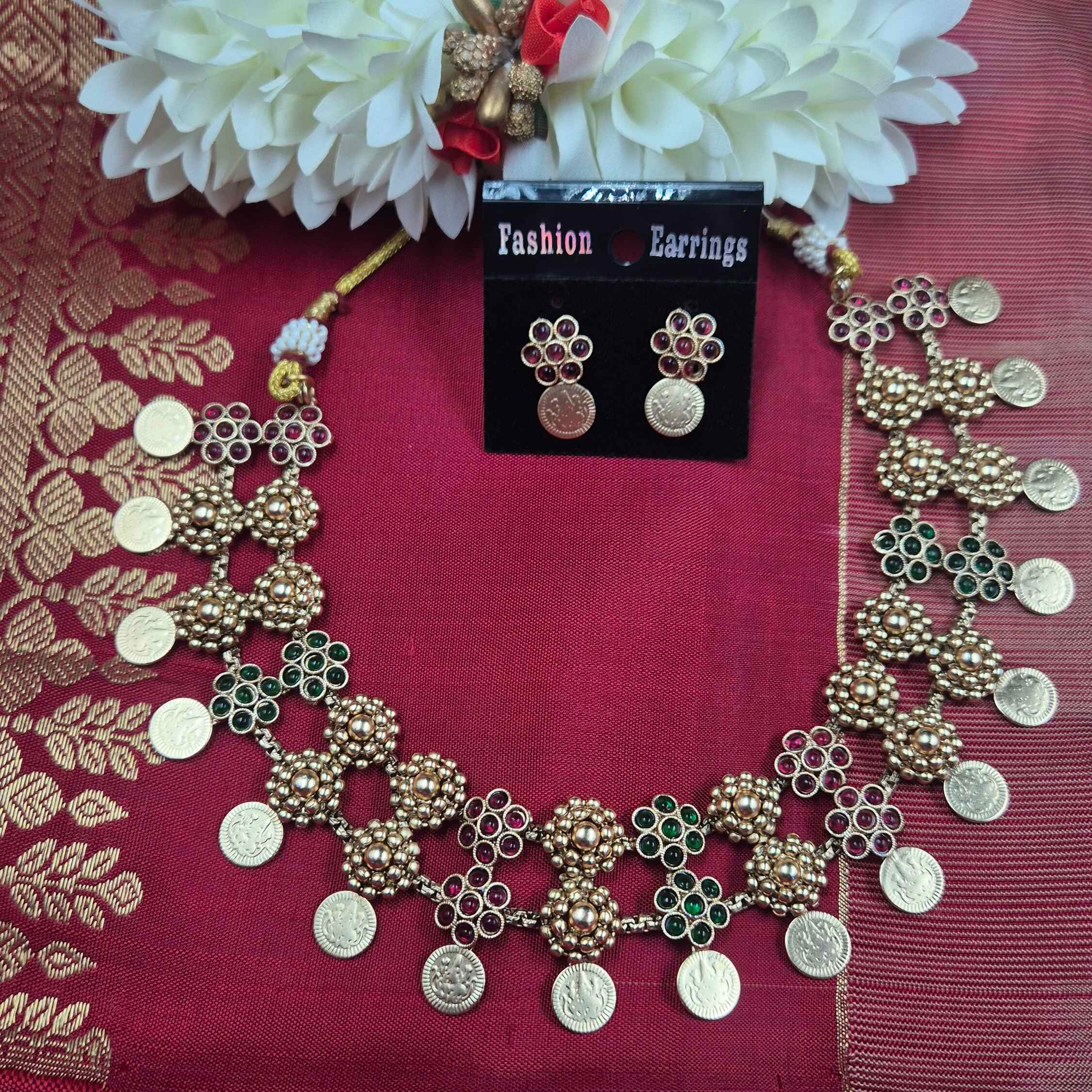 Traditional Temple Coin necklace  with Ruby & Emerald Stones – Kerala traditiona necklace