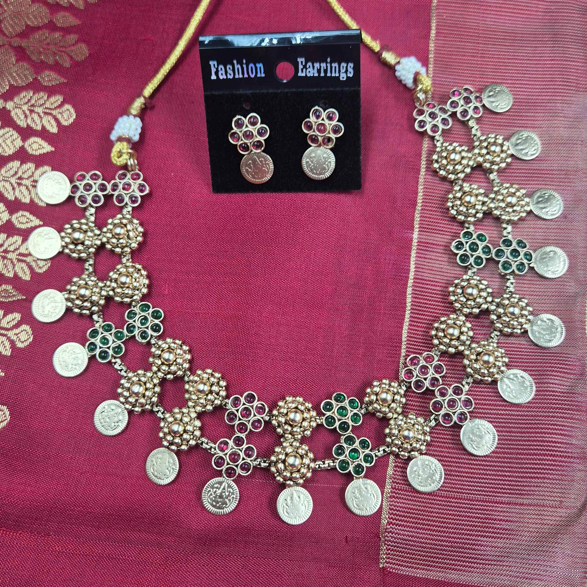 Traditional Temple Coin necklace  with Ruby & Emerald Stones – Kerala traditiona necklace