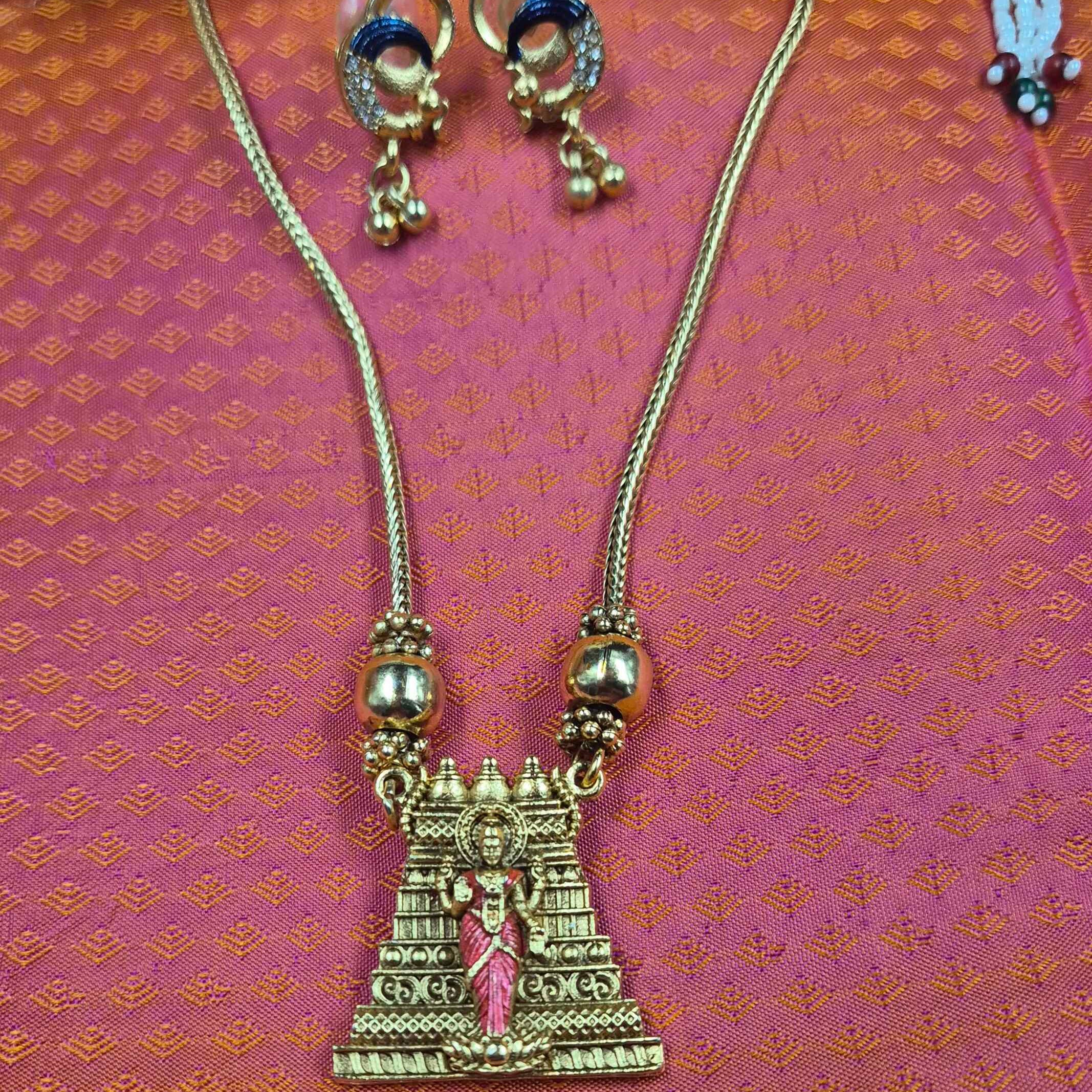 Meenakshi Temple Pendant Necklace Set with Matching Earrings – Antique Gold Traditional South Indian Jewelry