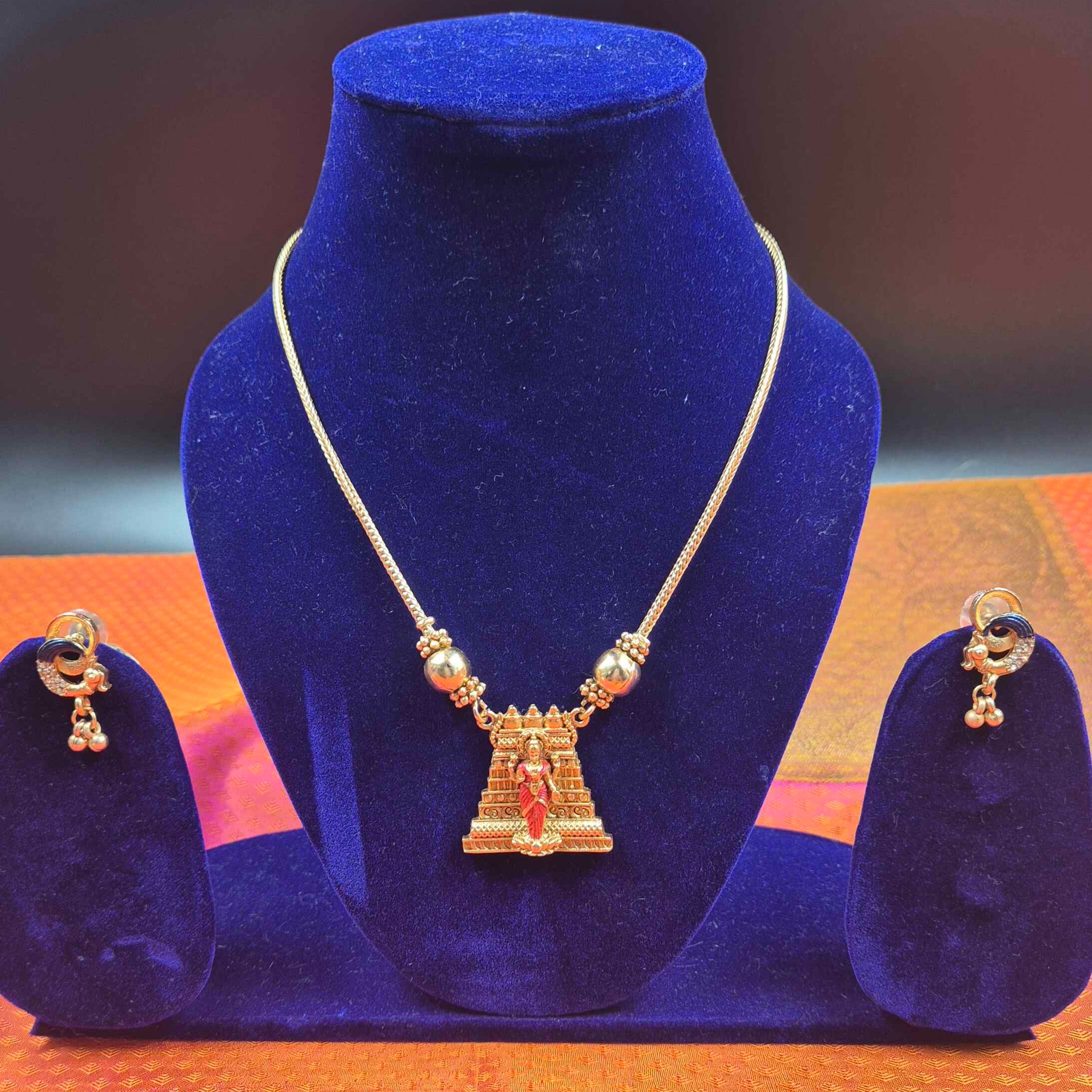 Meenakshi Temple Pendant Necklace Set with Matching Earrings – Antique Gold Traditional South Indian Jewelry