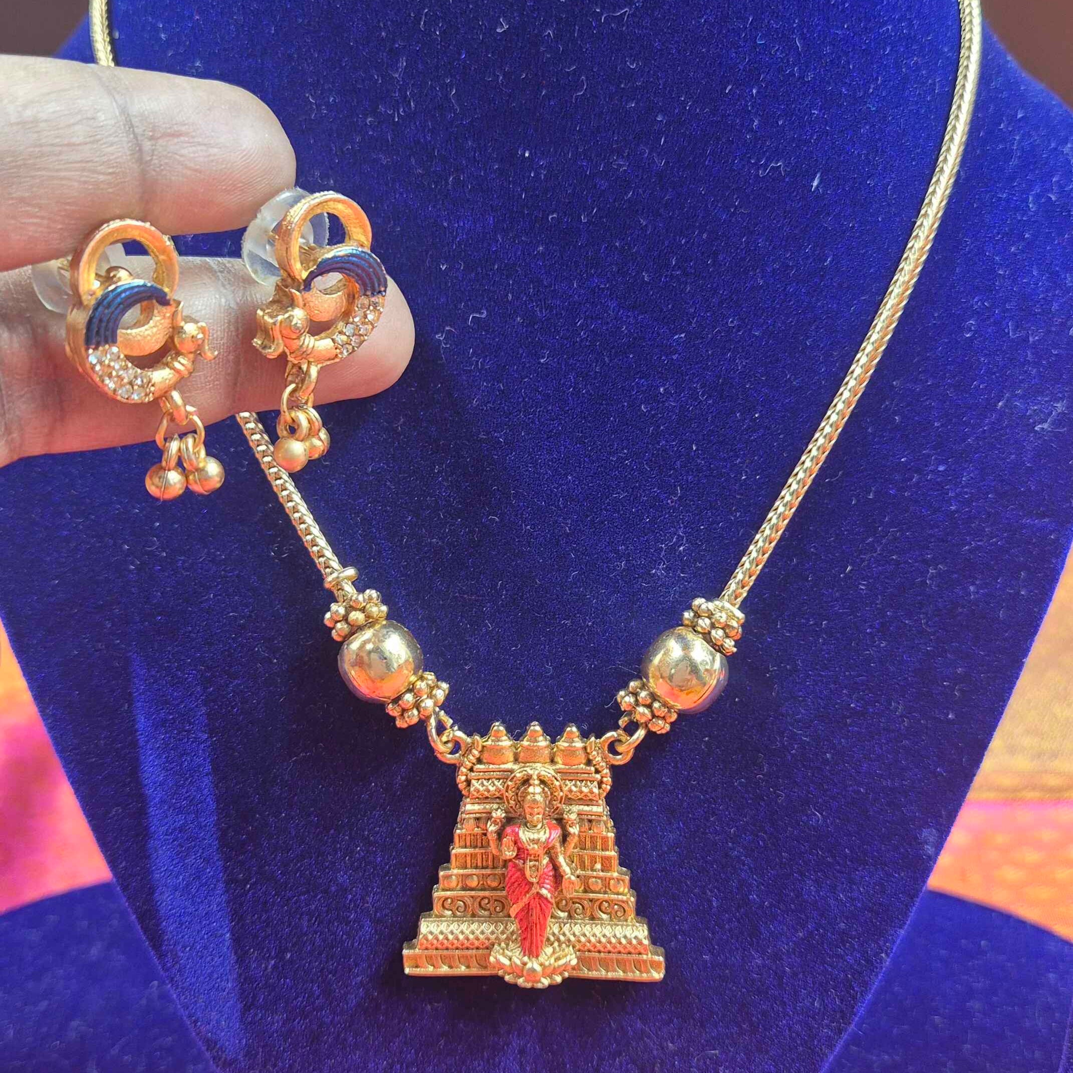 Meenakshi Temple Pendant Necklace Set with Matching Earrings – Antique Gold Traditional South Indian Jewelry