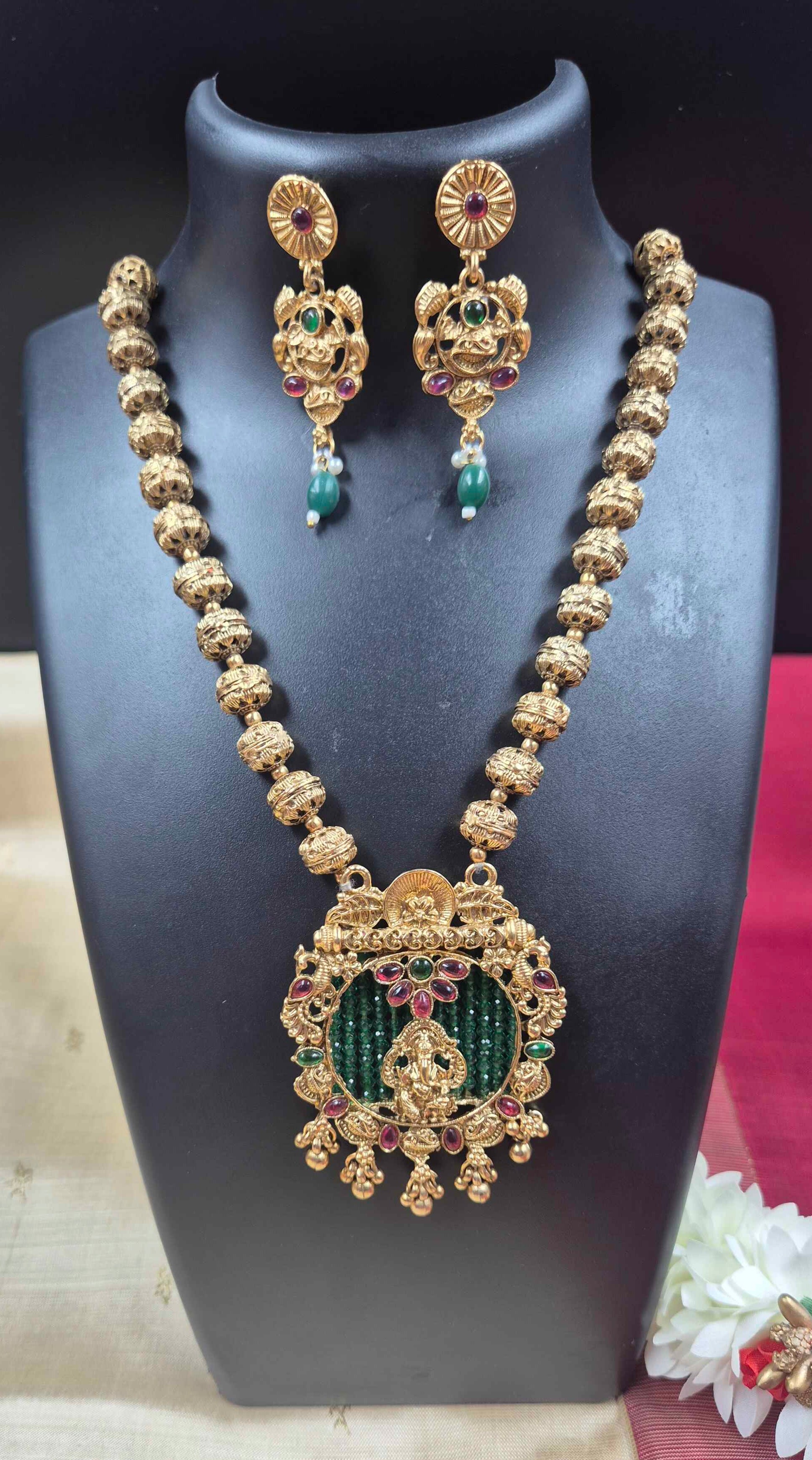 Antique Temple Necklace Set with Ganesha Pendant & Green Beads – Traditional South Indian Jewelry