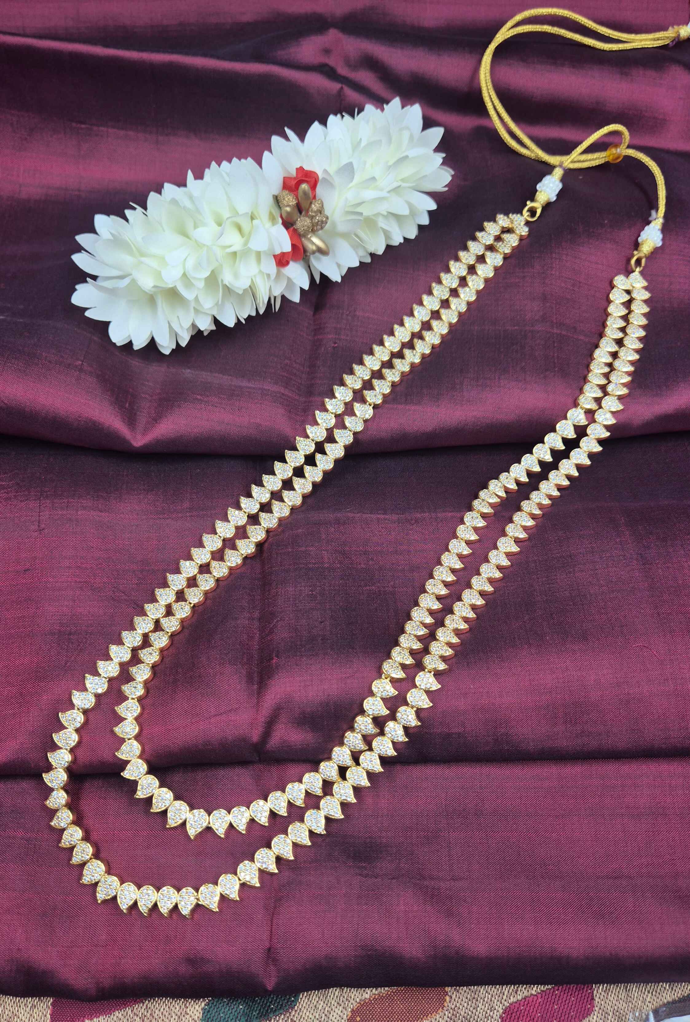 Double Layer AD Stone Mango Design Haram Necklace for Women | Traditional Gold Finish Long Necklace