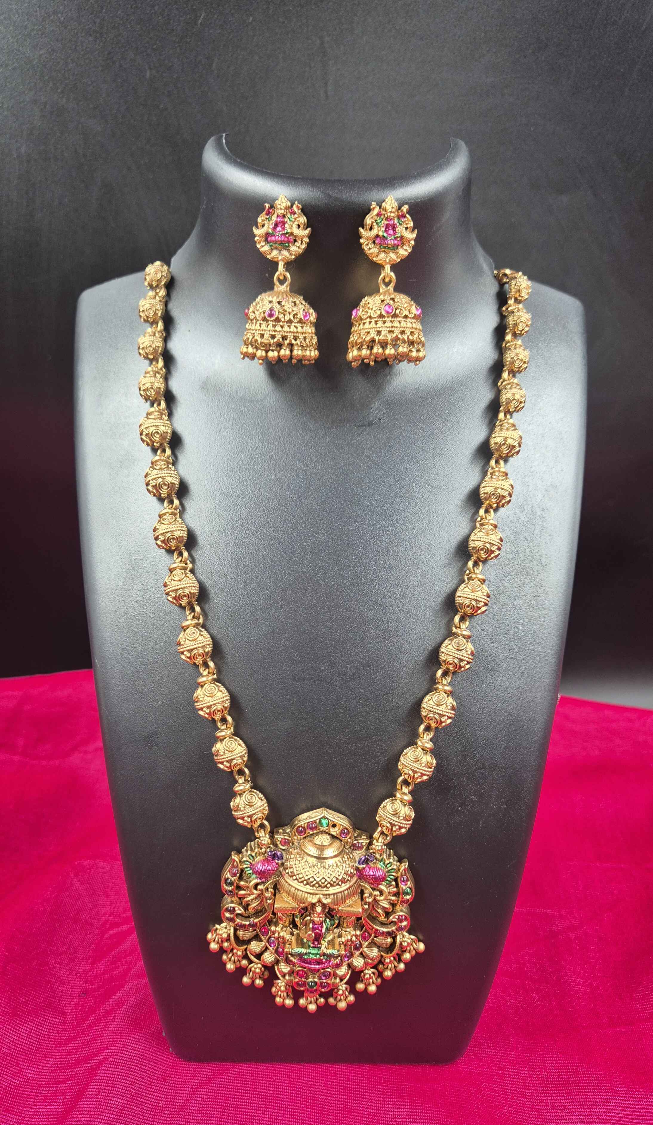 Traditional Temple Jewellery mid Haram Set with lakshmi dollar and  Jhumka Earrings | Antique Gold Finish Bridal Necklace