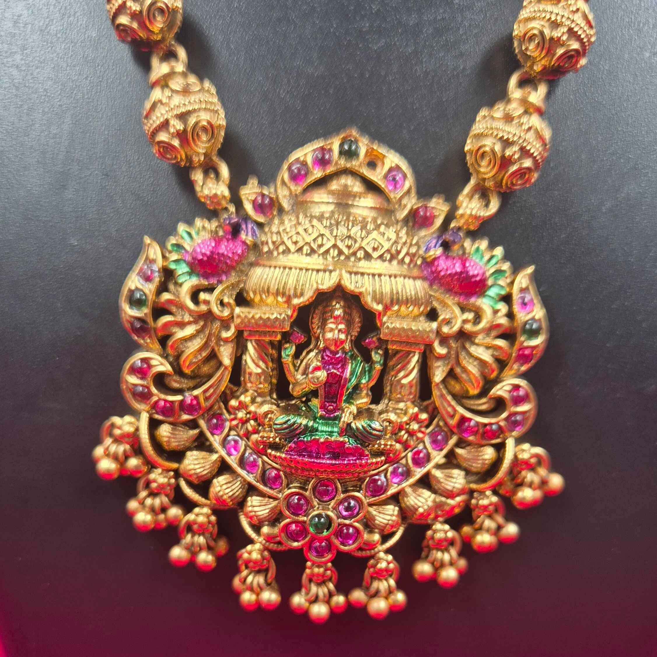 Traditional Temple Jewellery mid Haram Set with lakshmi dollar and  Jhumka Earrings | Antique Gold Finish Bridal Necklace
