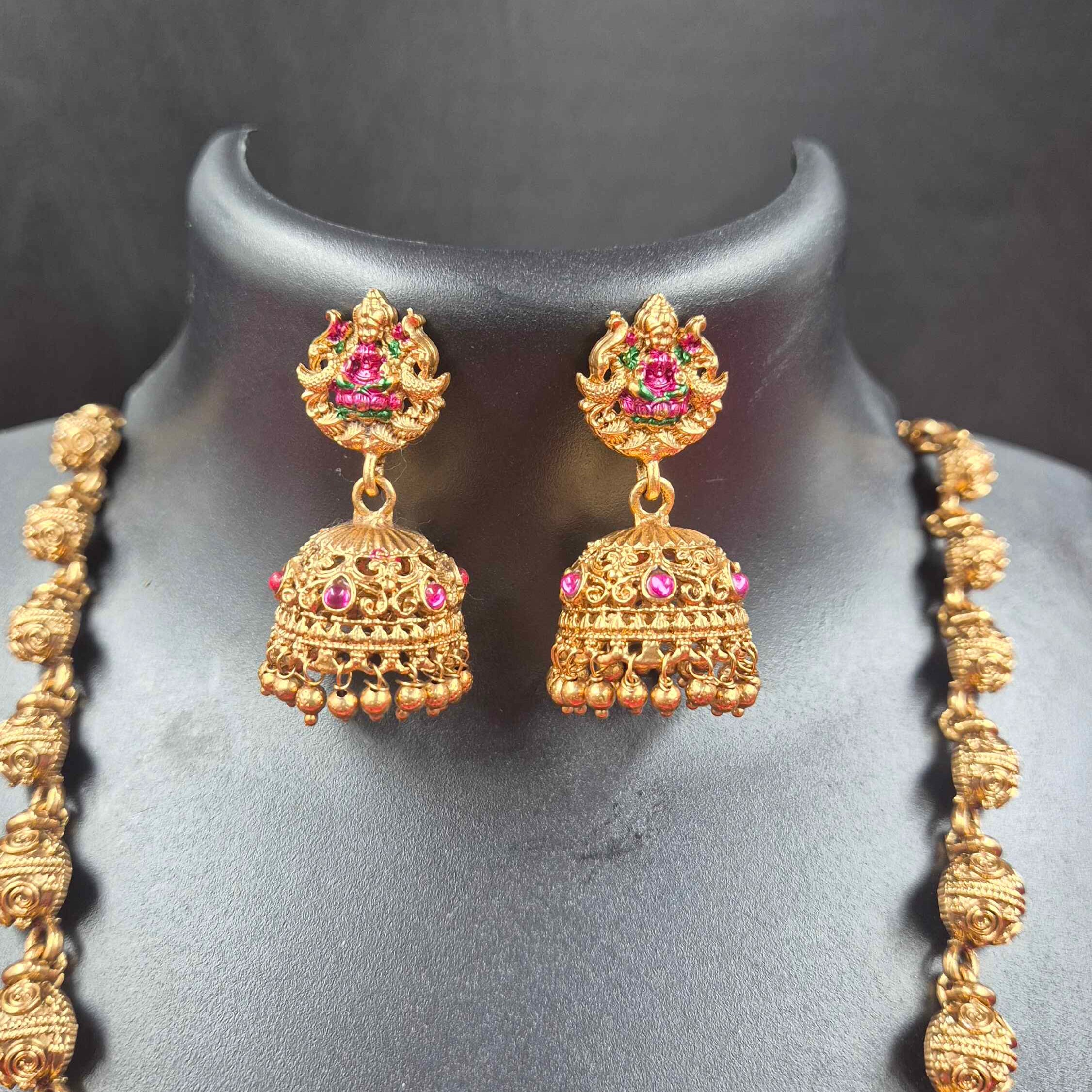 Traditional Temple Jewellery mid Haram Set with lakshmi dollar and  Jhumka Earrings | Antique Gold Finish Bridal Necklace