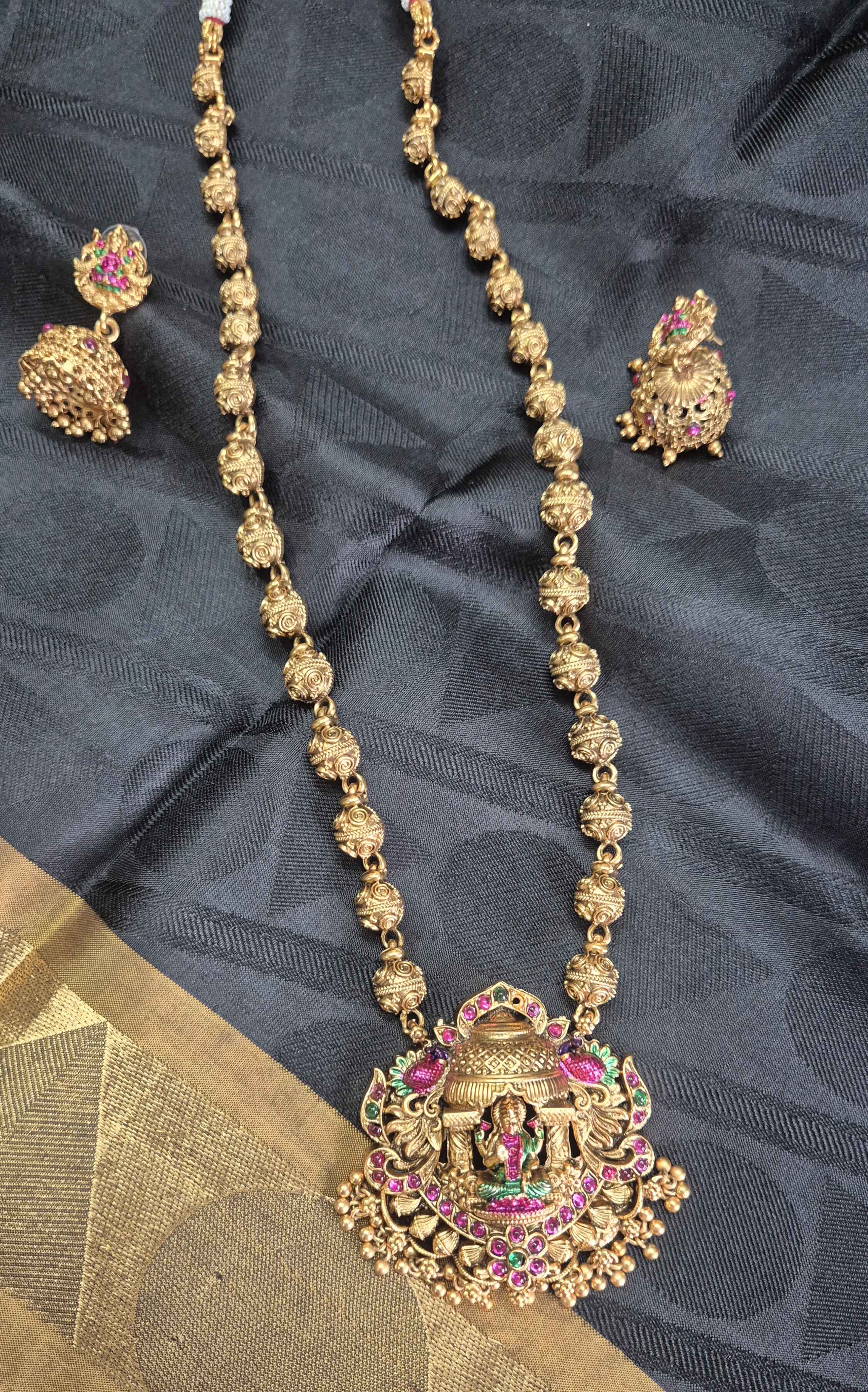 Traditional Temple Jewellery mid Haram Set with lakshmi dollar and  Jhumka Earrings | Antique Gold Finish Bridal Necklace