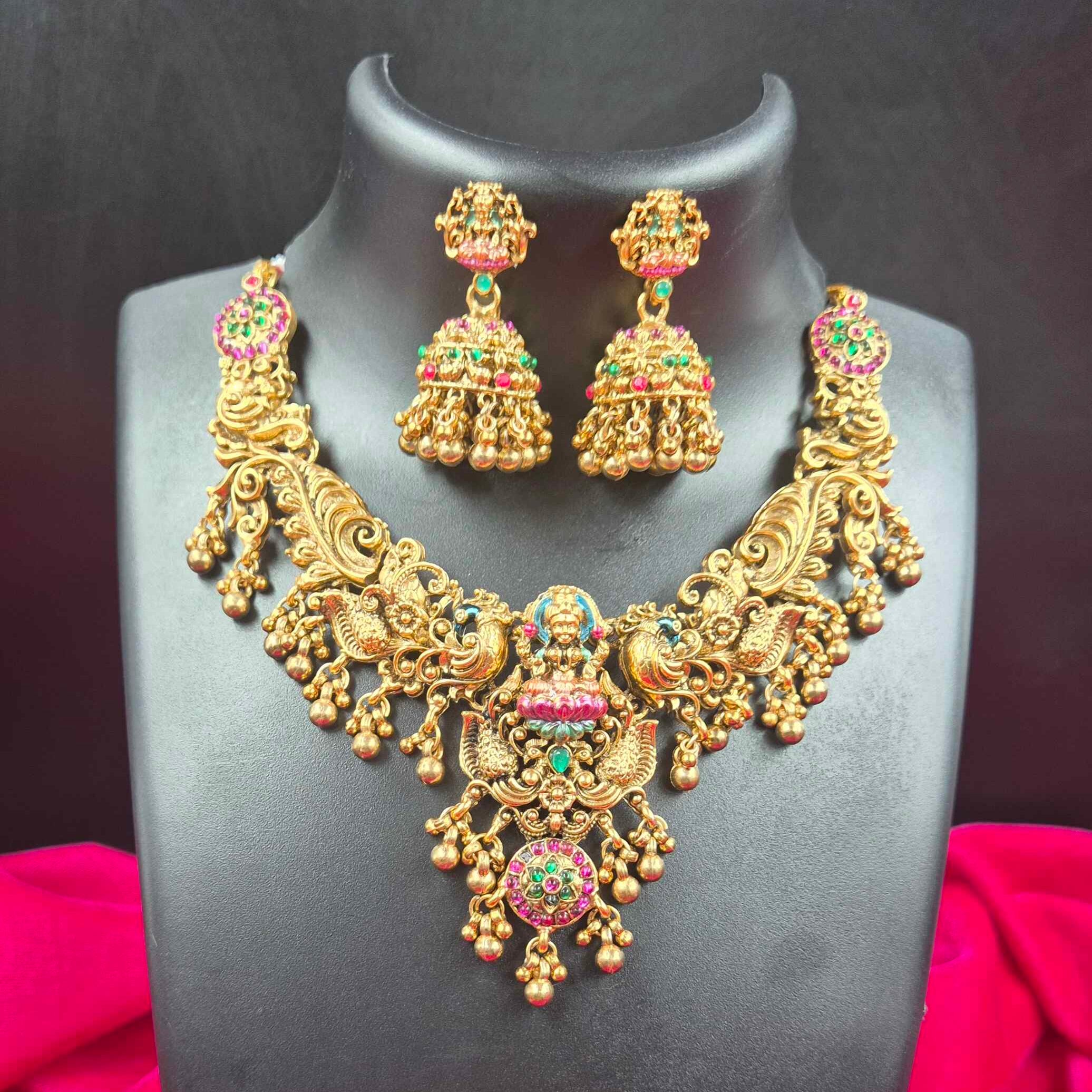 Antique Lakshmi Temple Necklace Set with Jhumka Earrings | Traditional South Indian Bridal Jewelry