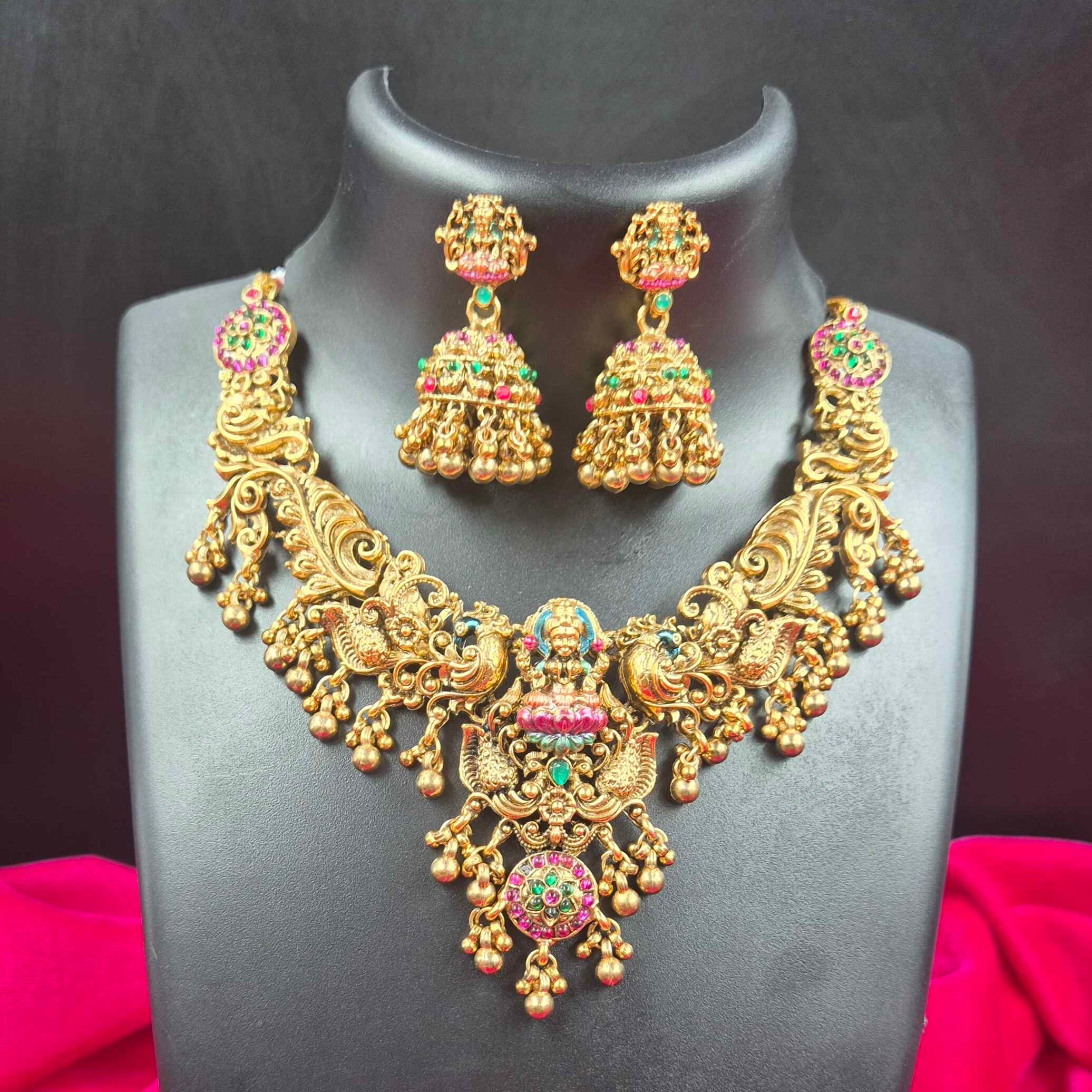 Antique Lakshmi Temple Necklace Set with Jhumka Earrings | Traditional South Indian Bridal Jewelry