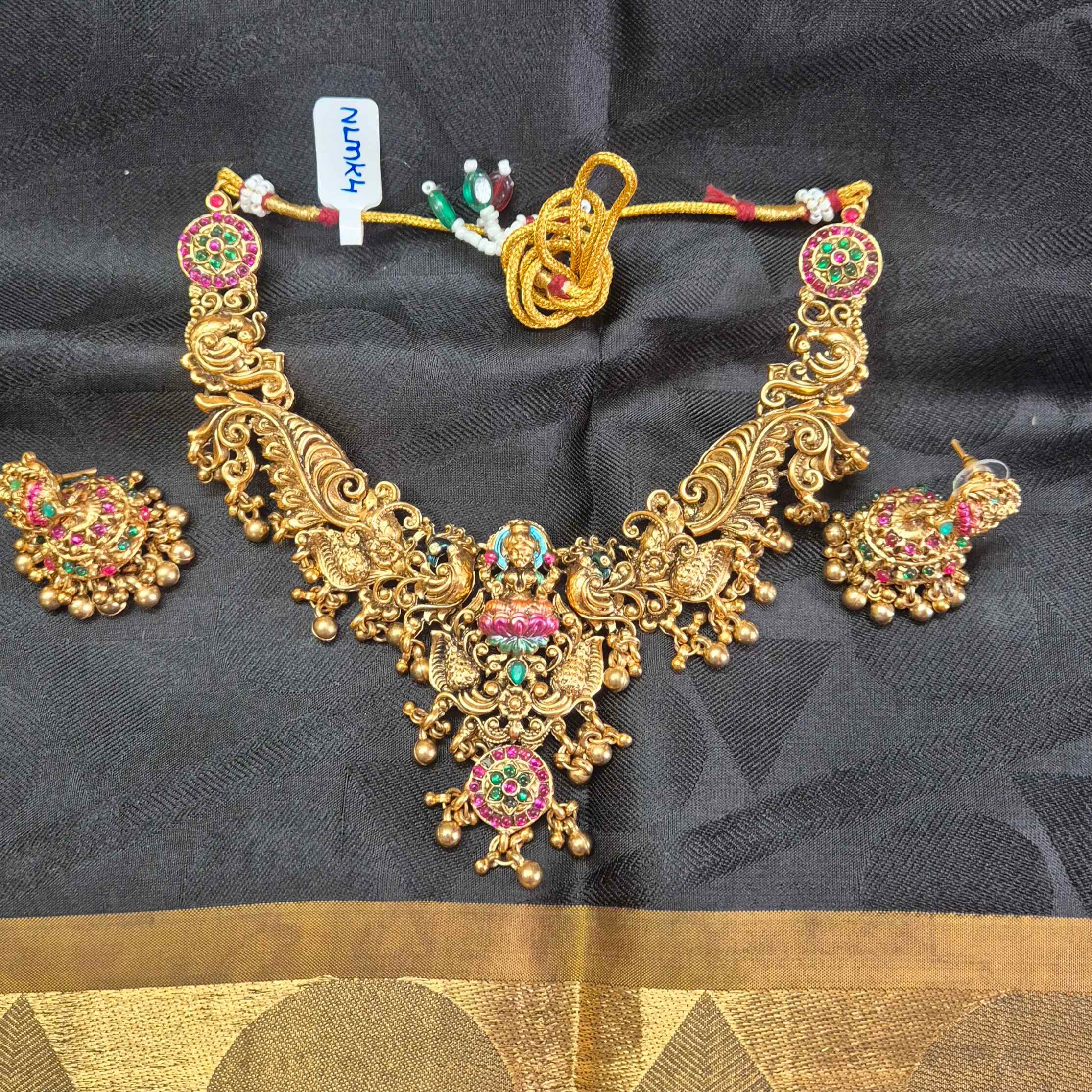 Antique Lakshmi Temple Necklace Set with Jhumka Earrings | Traditional South Indian Bridal Jewelry